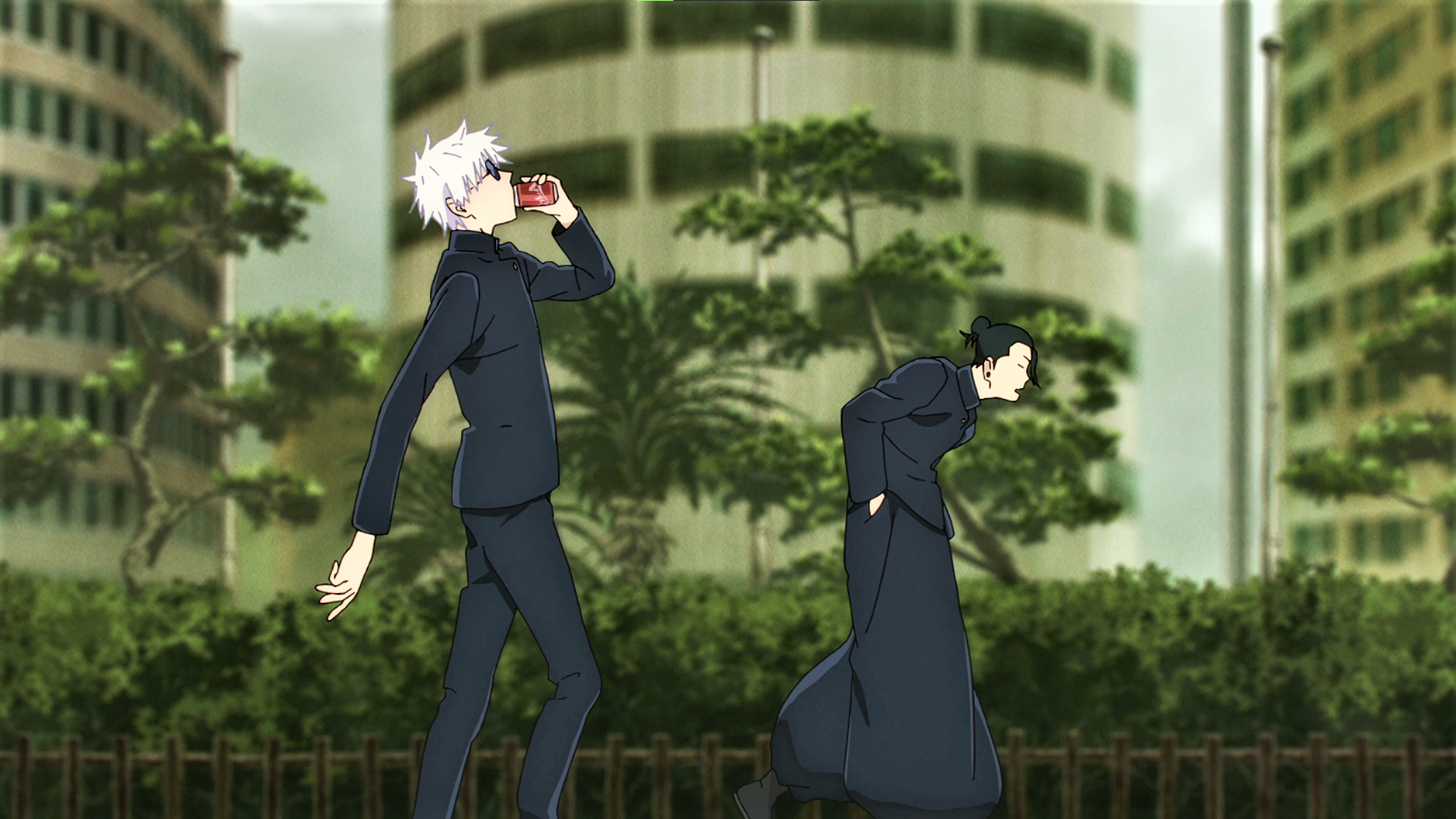 1920x1080 Wallpaper, Jujutsu Kaisen, Suguru Geto, Satoru Gojo, glasses, building, trees, nature, white hair, Anime screenshot, anime boys, uniform, Desktop