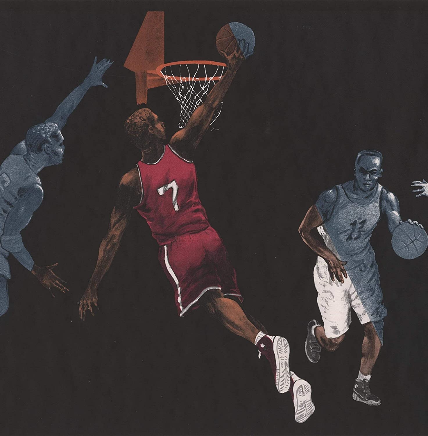 1480x1500 Basketball Players Black Sports Wallpaper Border Retro Design, Roll 15' x 10.5'', Phone