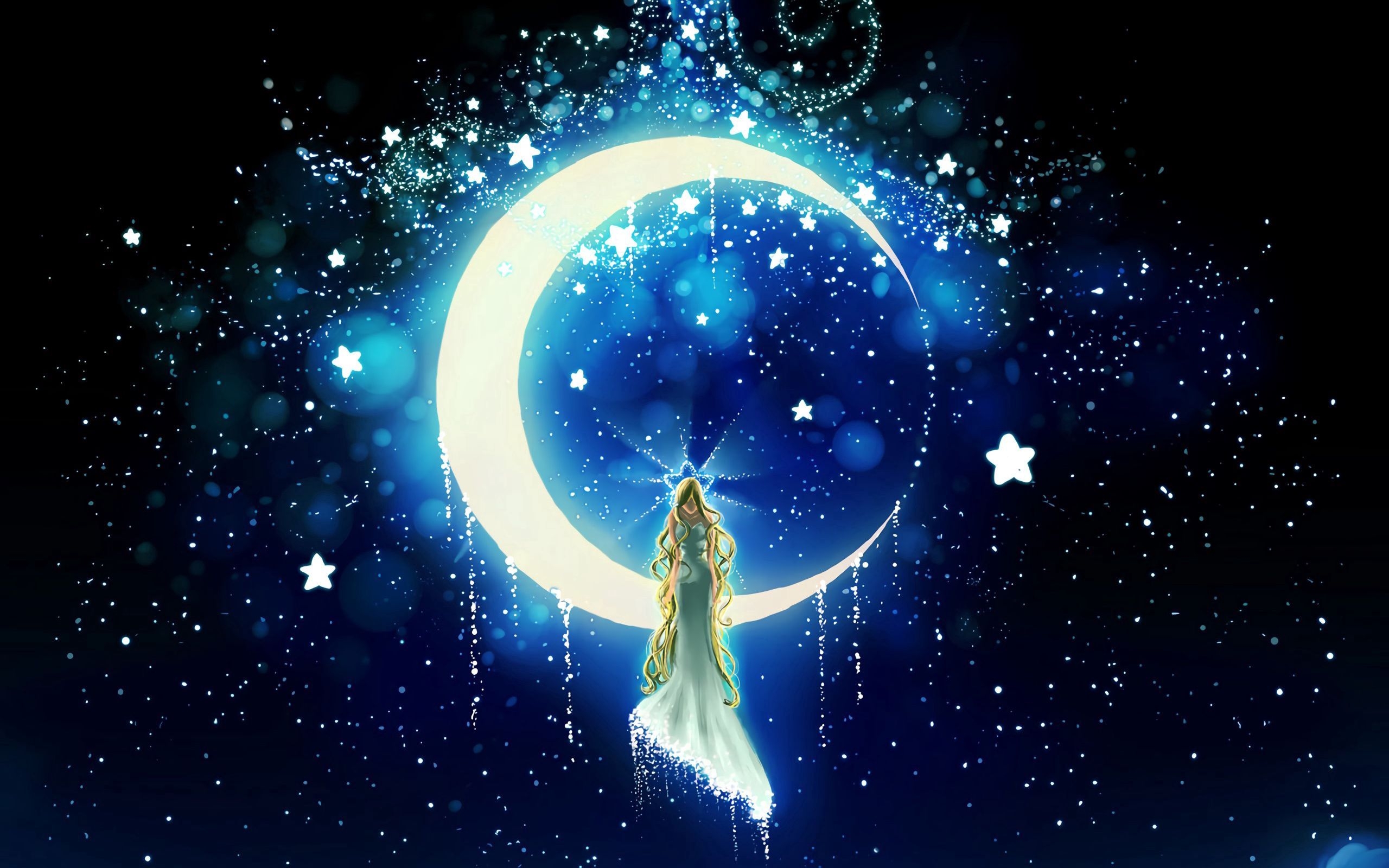 2560x1600 Wallpaper Moon, Stars, Girl, Night, Art HD Wallpaper, Desktop