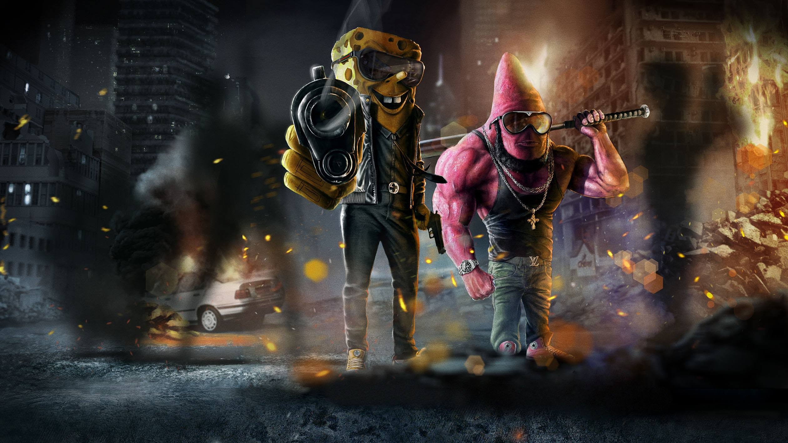 2520x1420 Hd cyberpunk: Gangster Hood Spongebob Wallpaper, Desktop