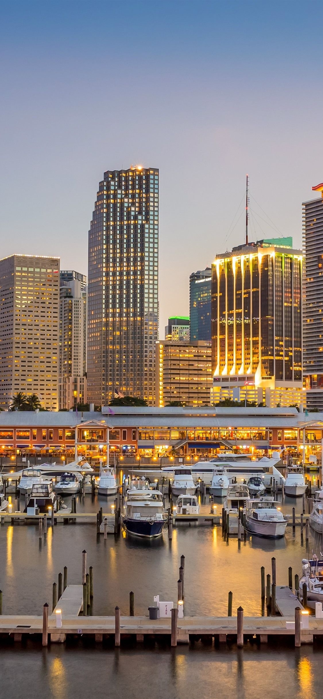 1130x2440 Miami, Biscayne Bay, USA, Yachts, Dock, City, Skyscrapers, Lights, Dusk  IPhone 11 Pro XS X Wallpaper, Background, Picture, Image, Phone