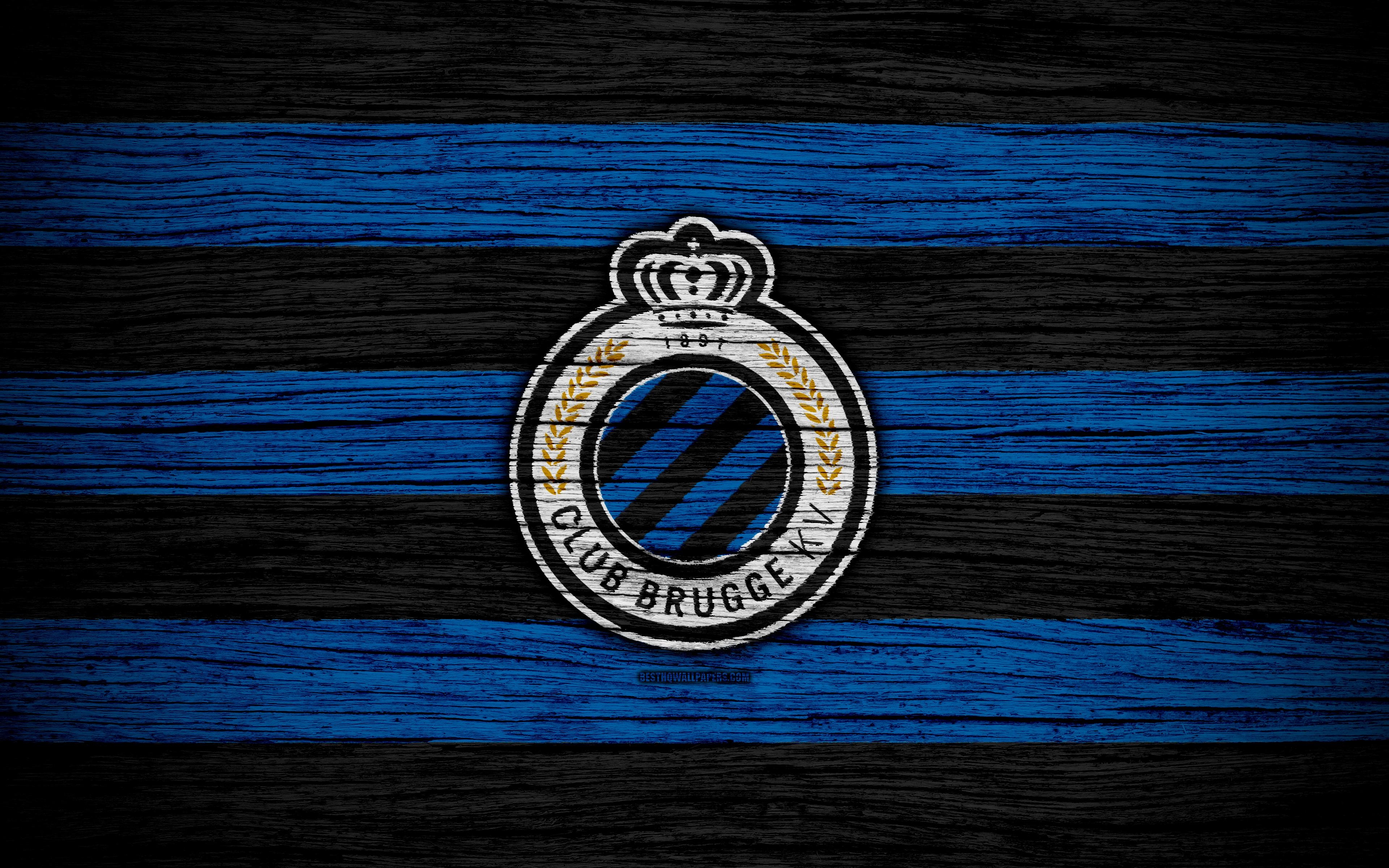 3840x2400 Download wallpaper Brugge FC, 4k, logo, Jupiler Pro League, wooden, Desktop