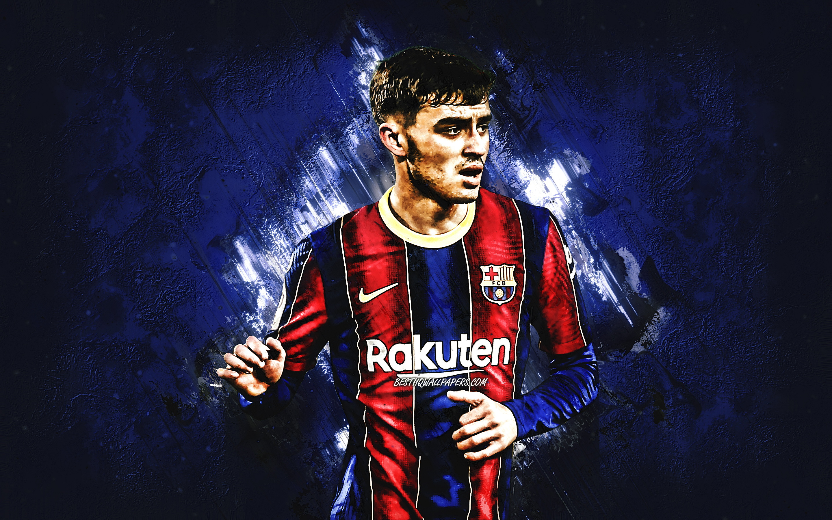 2880x1800 Download wallpaper Pedri, FC Barcelona, Spanish footballer, blue stone background, Pedro González Lopez, La Liga, Spain, football for desktop with resolution. High Quality HD picture wallpaper, Desktop