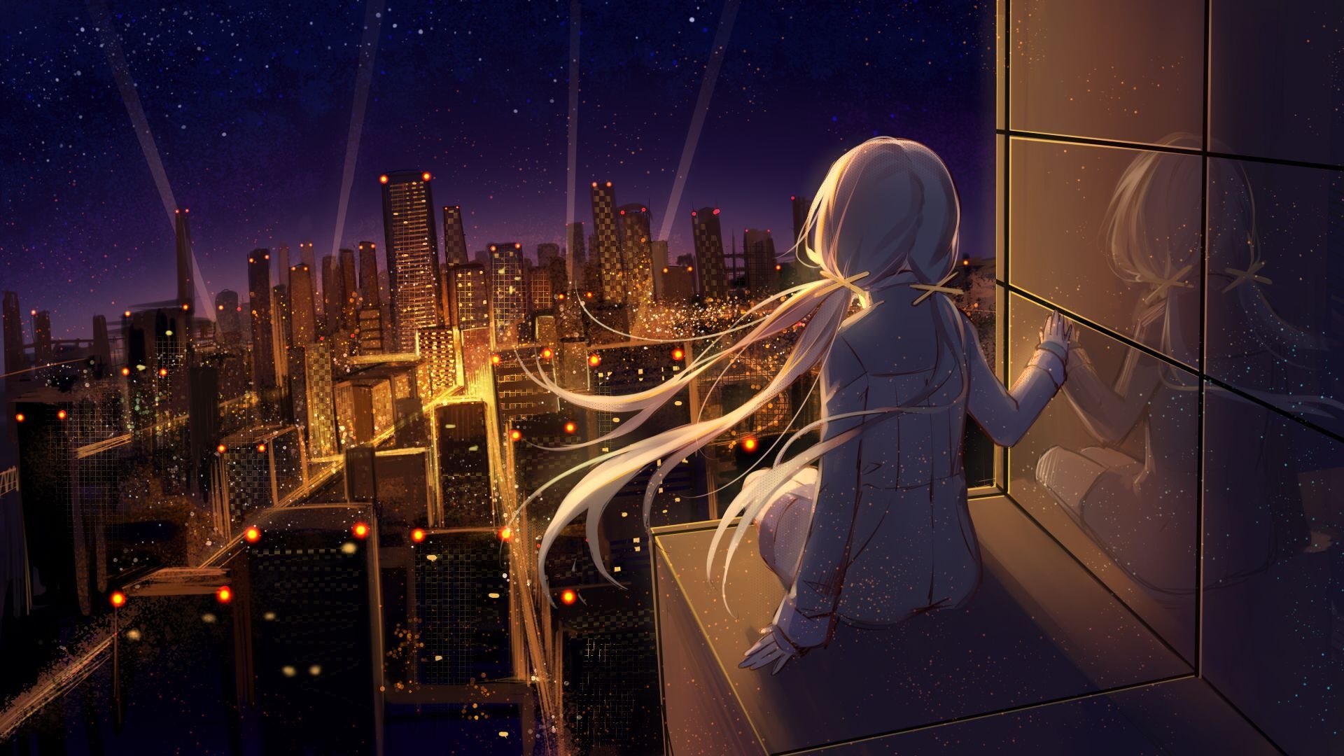 1920x1080 sitting, #city, #city lights, #reflection, #night, #stars, #anime, Desktop