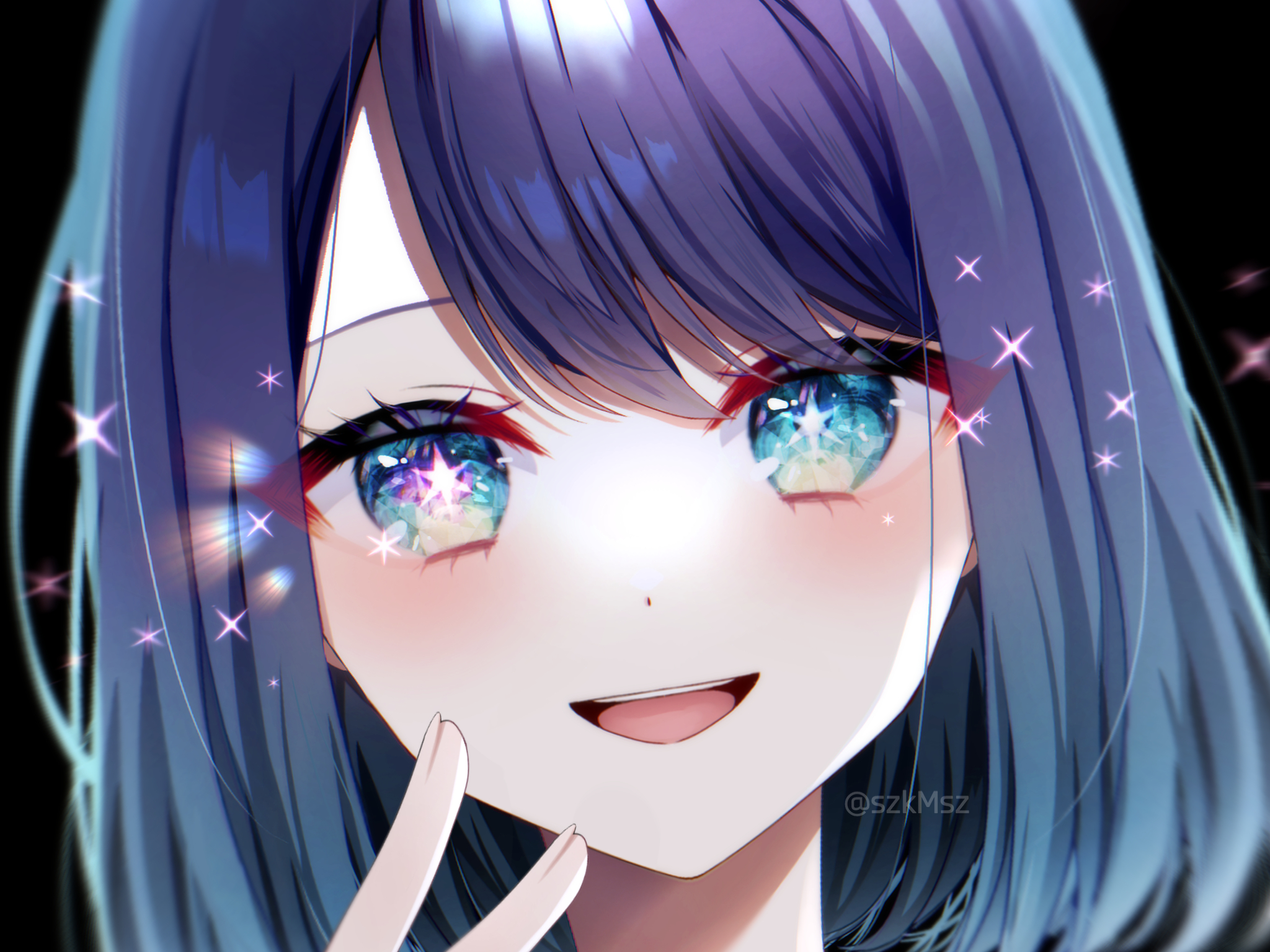 2050x1540 Safebooru blue eyes blue hair commentary gradient hair highres kurokawa akane looking at viewer multicolored hair open mouth oshi no ko short hair sideways smile solo sparkle star (symbol) star, Desktop