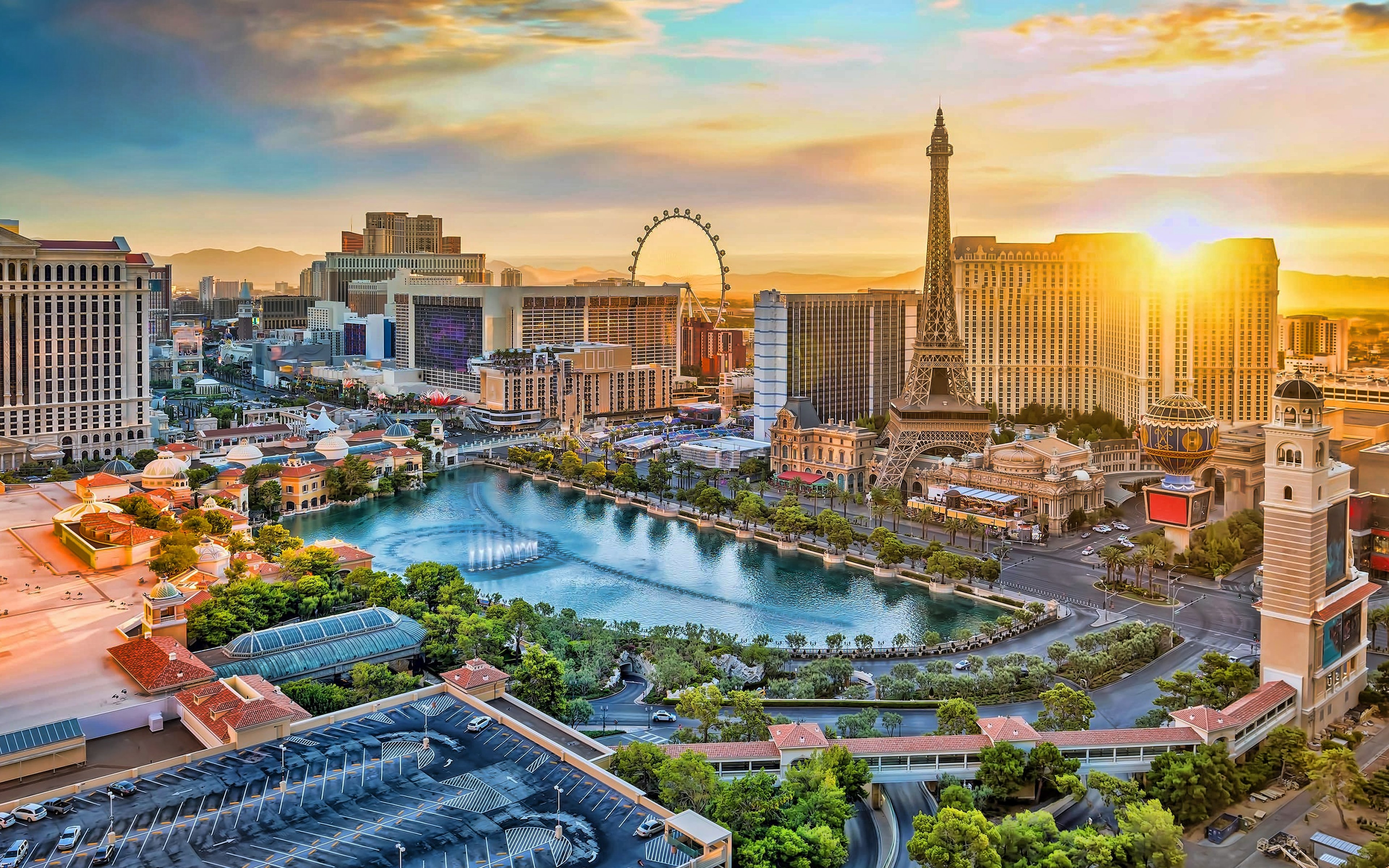 3840x2400 Download wallpaper Las Vegas, 4k, evening, sunset, Bellagio, MGM Grand, Las Vegas skyline, Las Vegas cityscape, Nevada, Las Vegas panorama, USA for desktop with resolution. High Quality HD picture wallpaper, Desktop