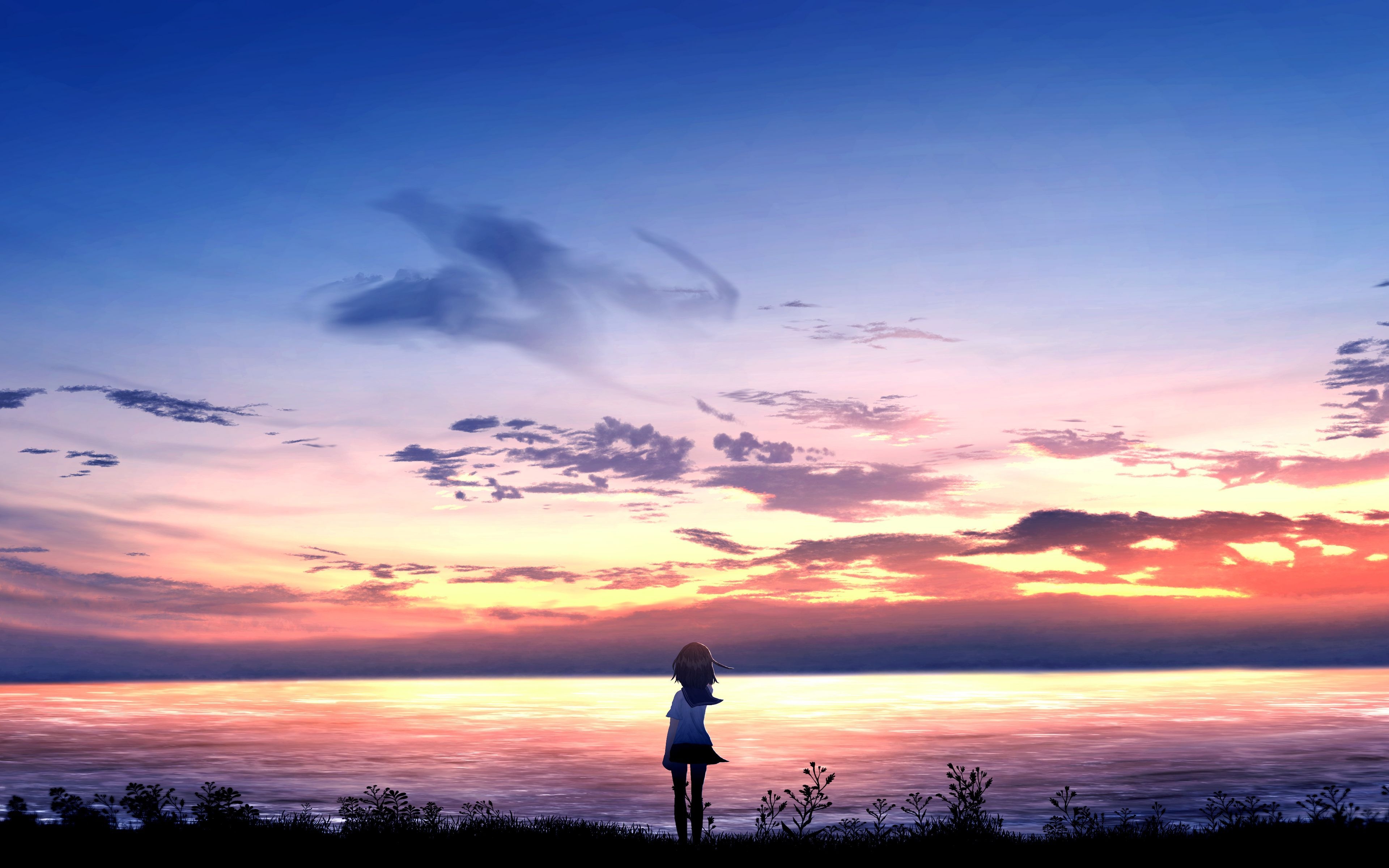 3840x2400 Download wallpaper  girl, alone, sea, horizon, art 4k, Desktop