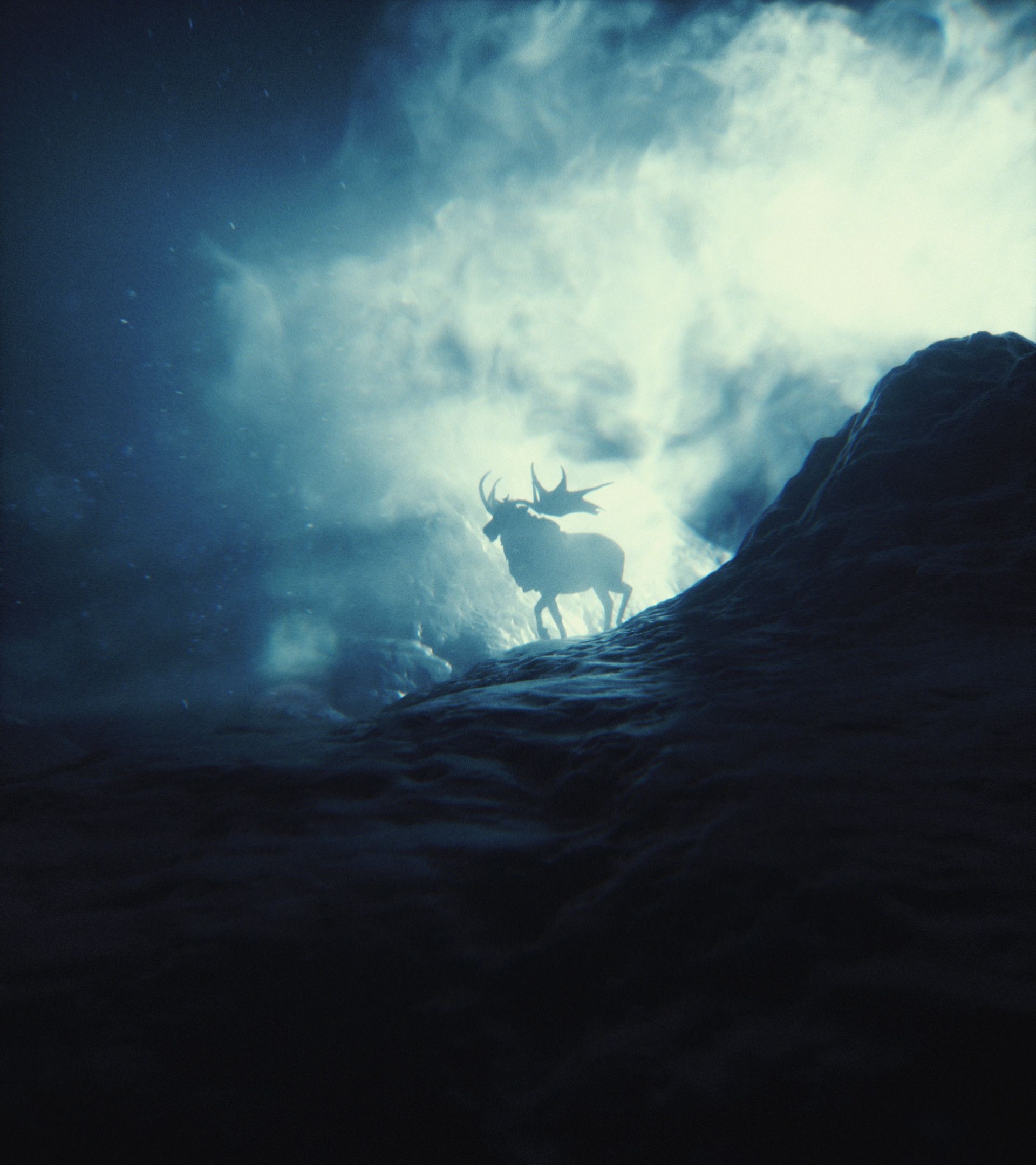 1920x2160 Download wallpaper  elk, mountains, smoke, light, silhouette, horns, stones HD background, Phone