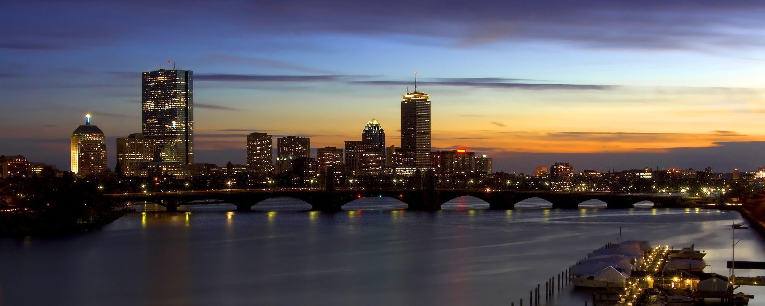 2560x1030 Download Wallpaper river usa skyscrapers bridge massachusetts, Dual Screen