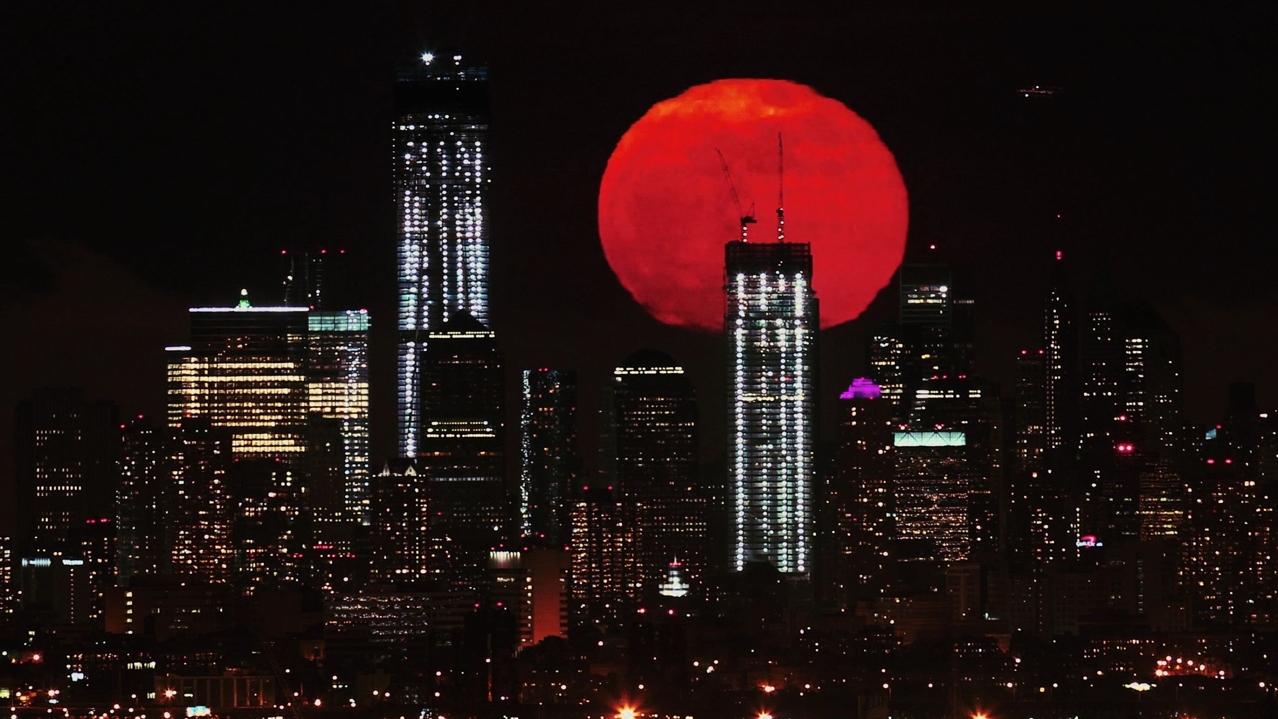 2560x1440 Red Moon Over City 1440P Resolution Wallpaper, HD City 4K Wallpaper, Image, Photo and Background, Desktop