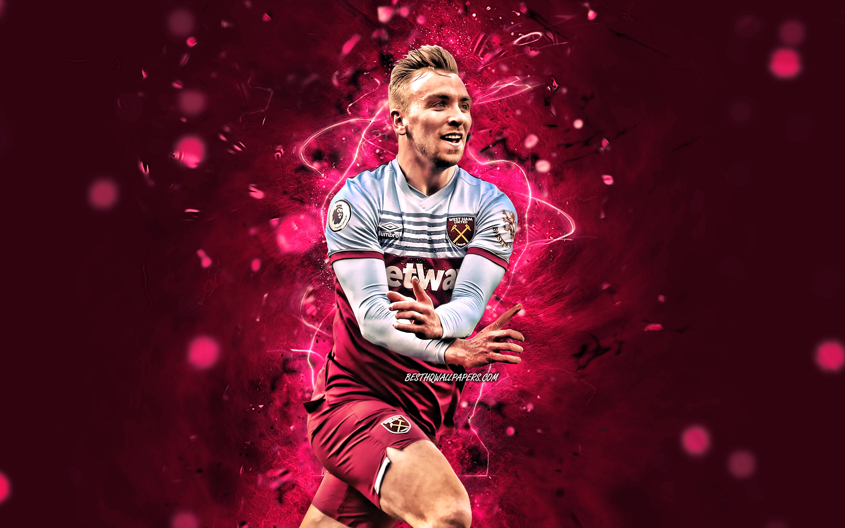 2880x1800 Download wallpaper Jarrod Bowen, english footballers, West Ham United FC, soccer, Bowen, Premier League, footballers, neon lights, England, Jarrod Bowen West Ham United for desktop with resolution. High Quality HD, Desktop