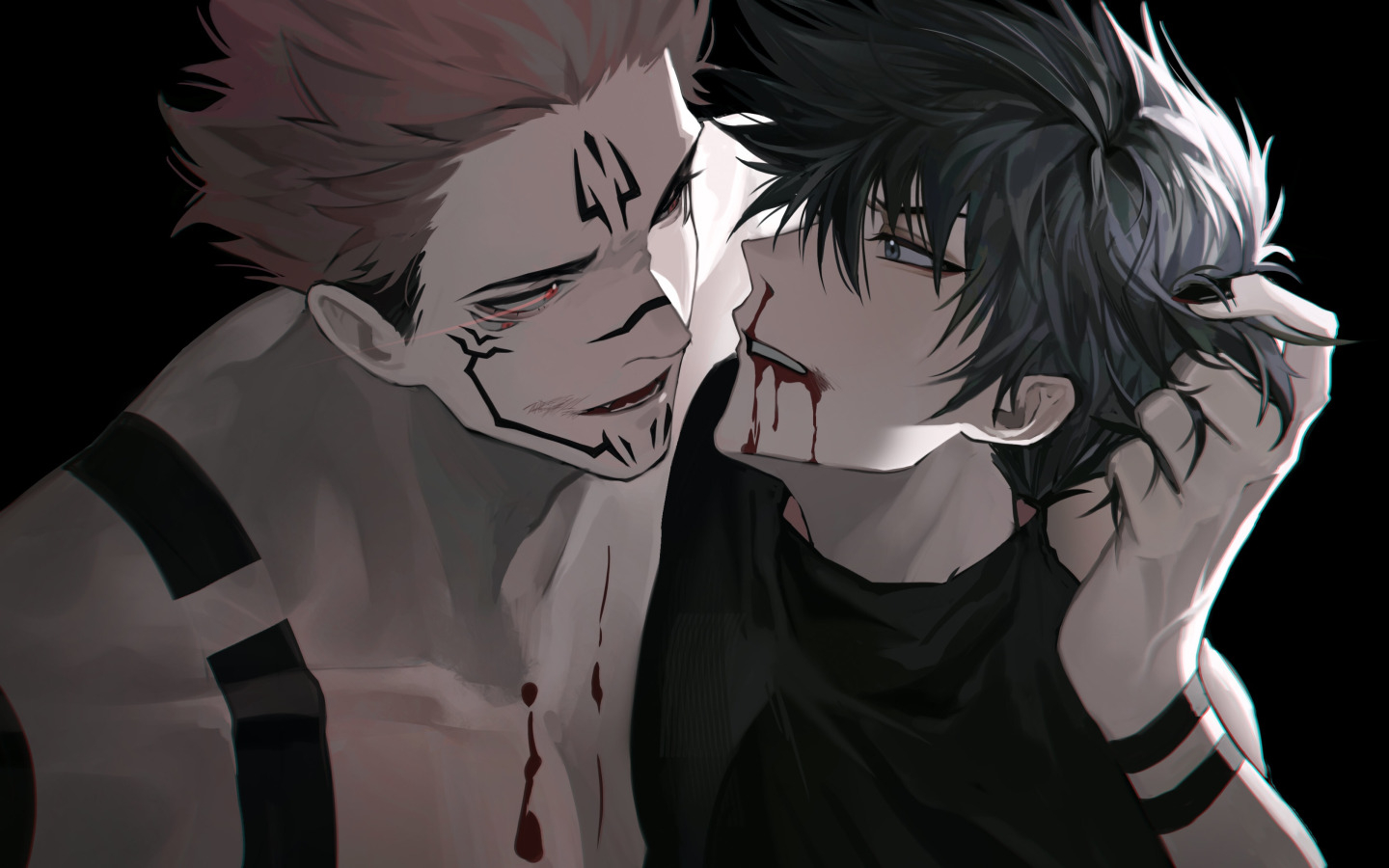 1440x900 Download wallpaper blood, the demon, guys, Jujutsu Kaisen, Megumi Fushiguro, Yuuji Itadori, Sukuna Ryoumen, section art in resolution, Desktop