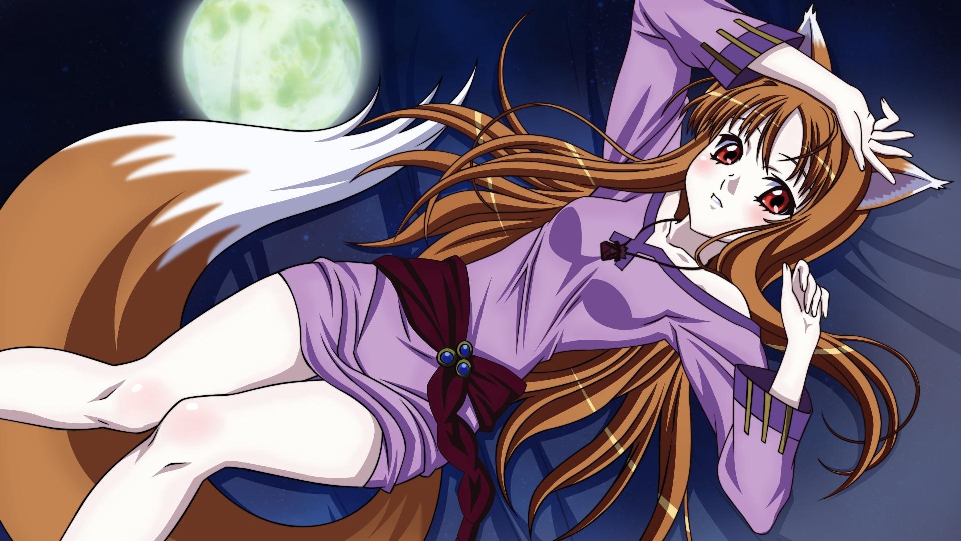 1920x1080 Download wallpaper  spice and wolf, girl, tail, pose, moon, Desktop