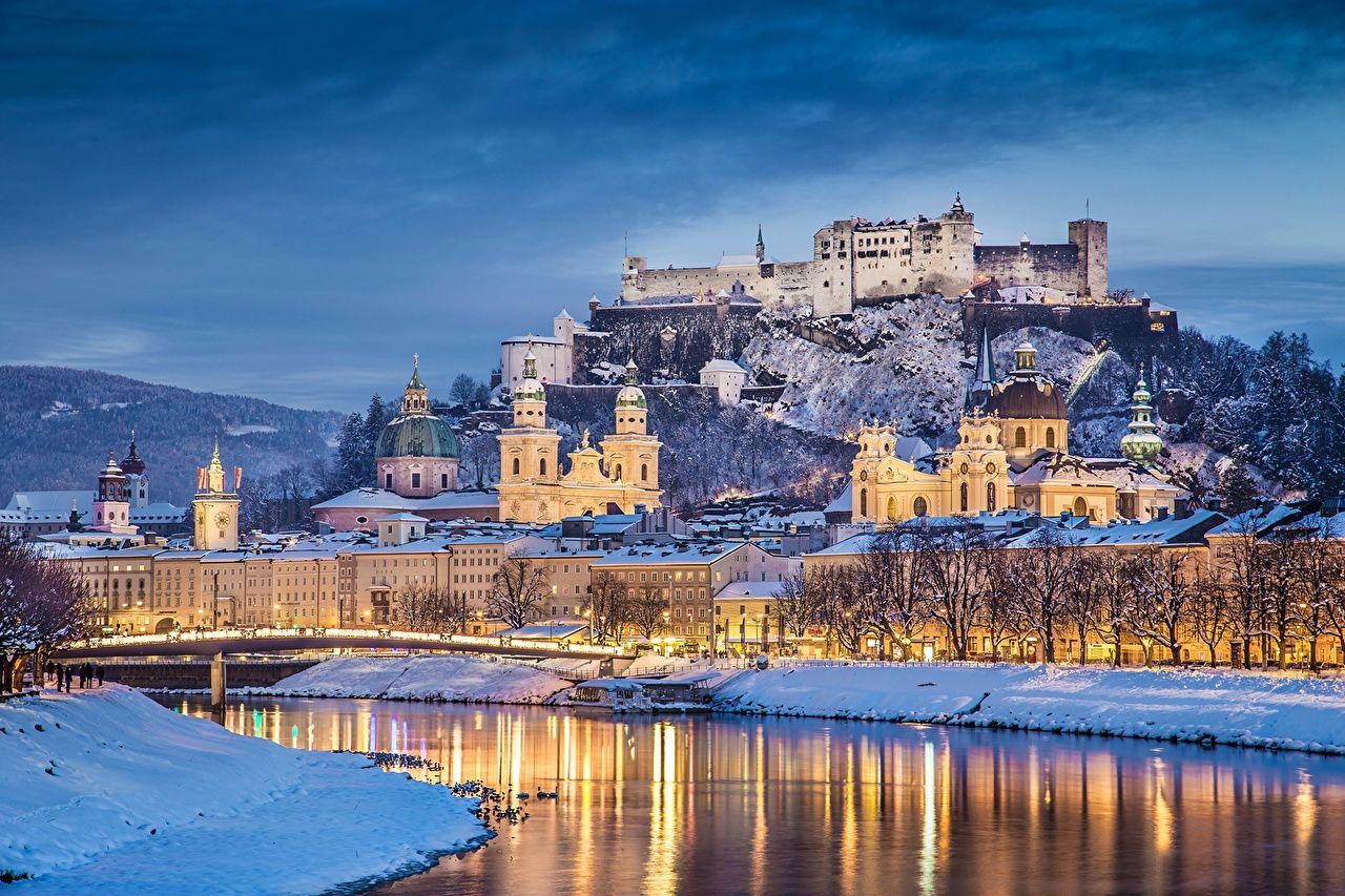 1280x860 Image Salzburg Austria Winter Castles Sky Rivers night time Cities, Desktop