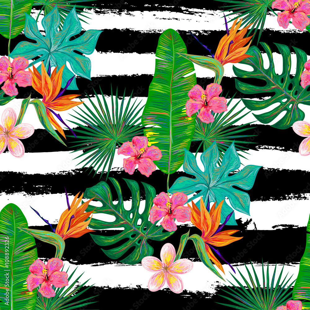 1000x1000 Seamless summer tropical pattern with exotic flowers and palm leaves vector background. Perfect for wallpaper, pattern fills, web page background, surface textures, textile Stock Vector, Phone