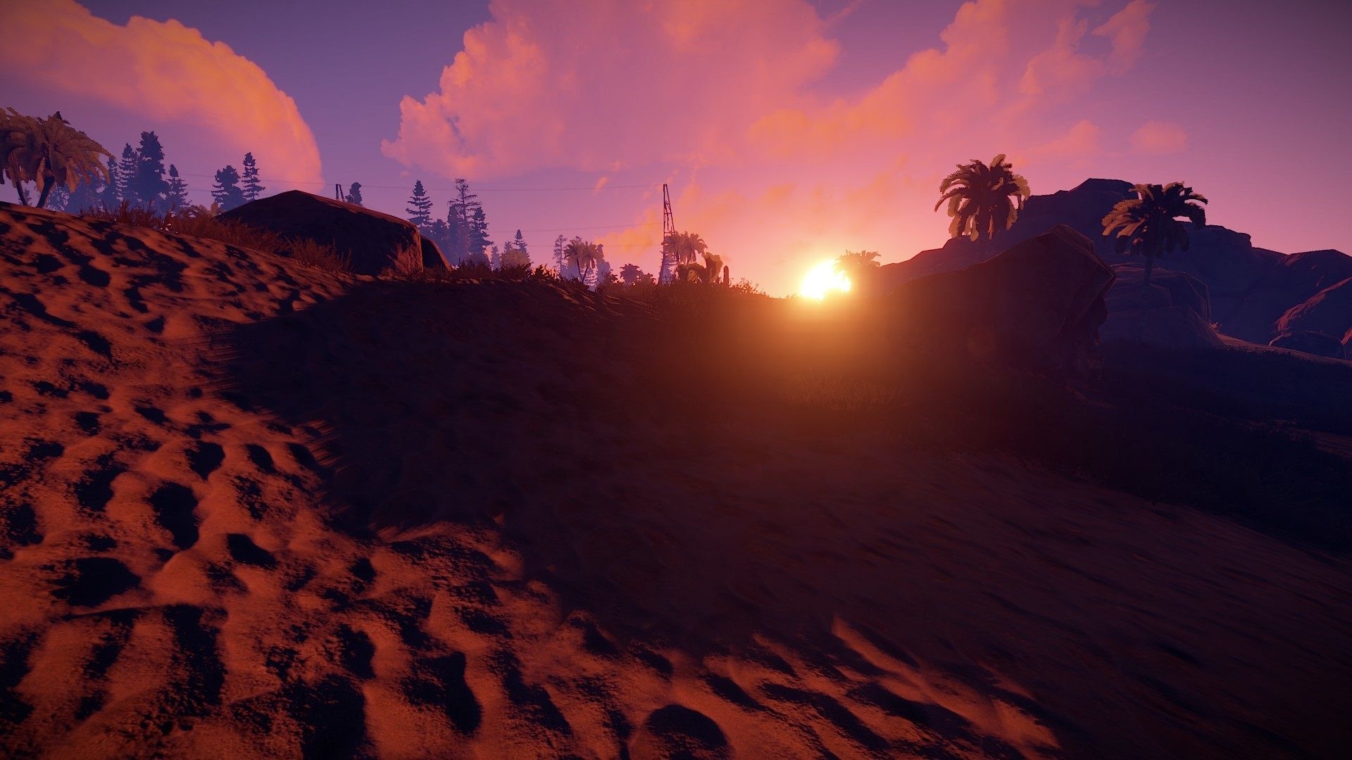 1920x1080 Rust (game), Video games, Sand, Sun rays, Horizon, Palm trees, Desktop