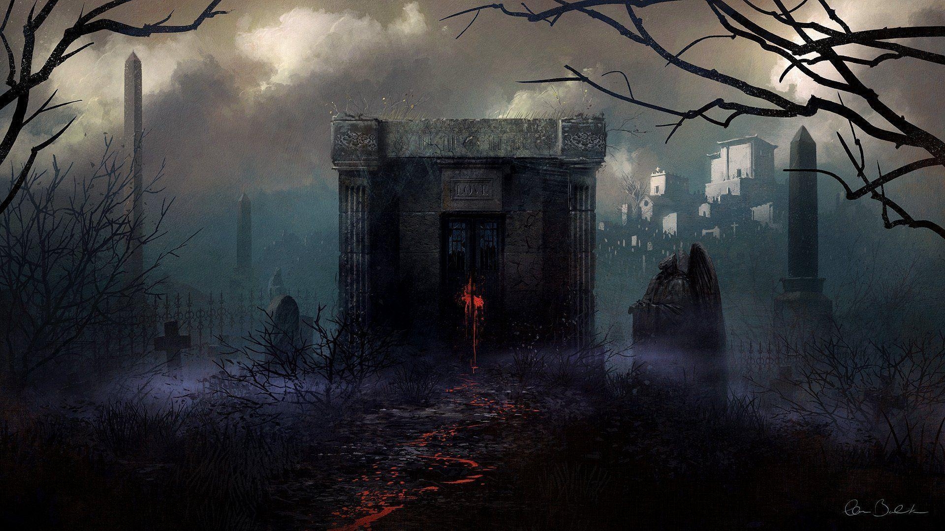 1920x1080 art christopher balaskas cemetery crypt darkness love klyalksy red, Desktop