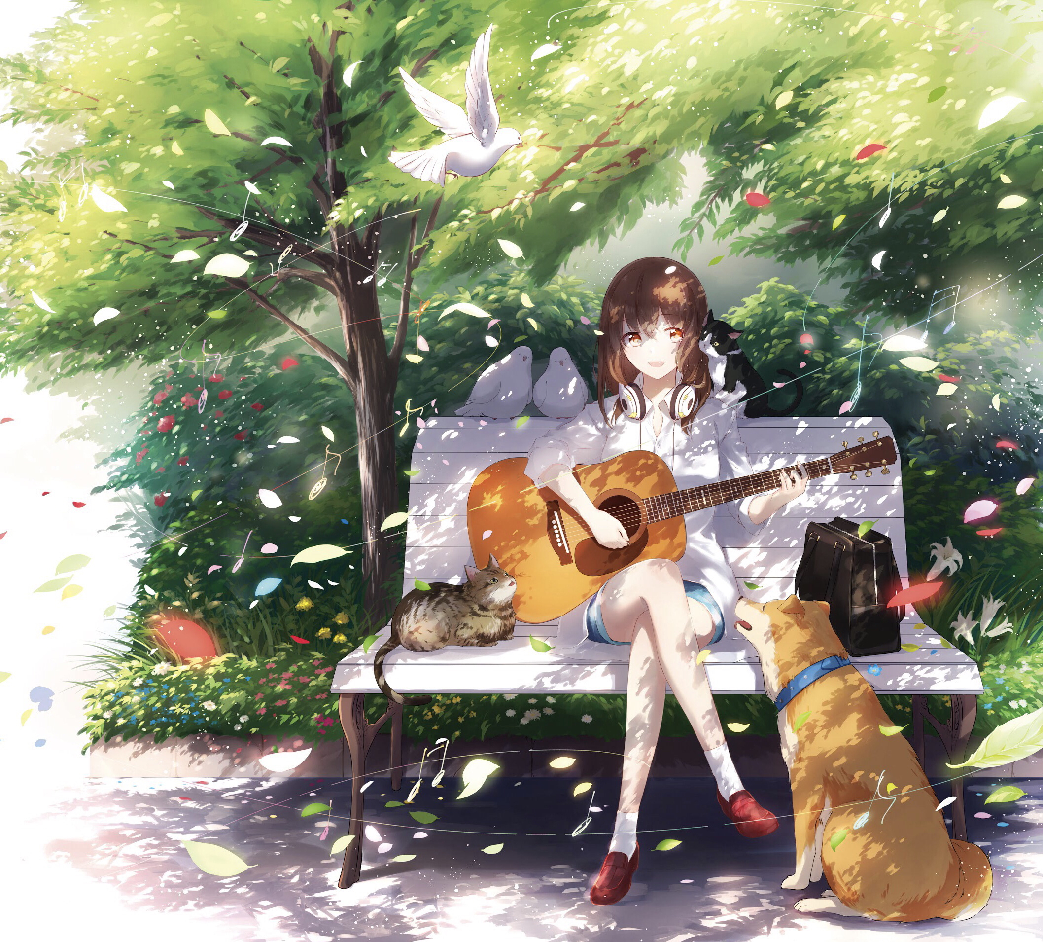 2120x1910 Wallpaper, anime girls, original characters, dog, cat, guitar, Desktop