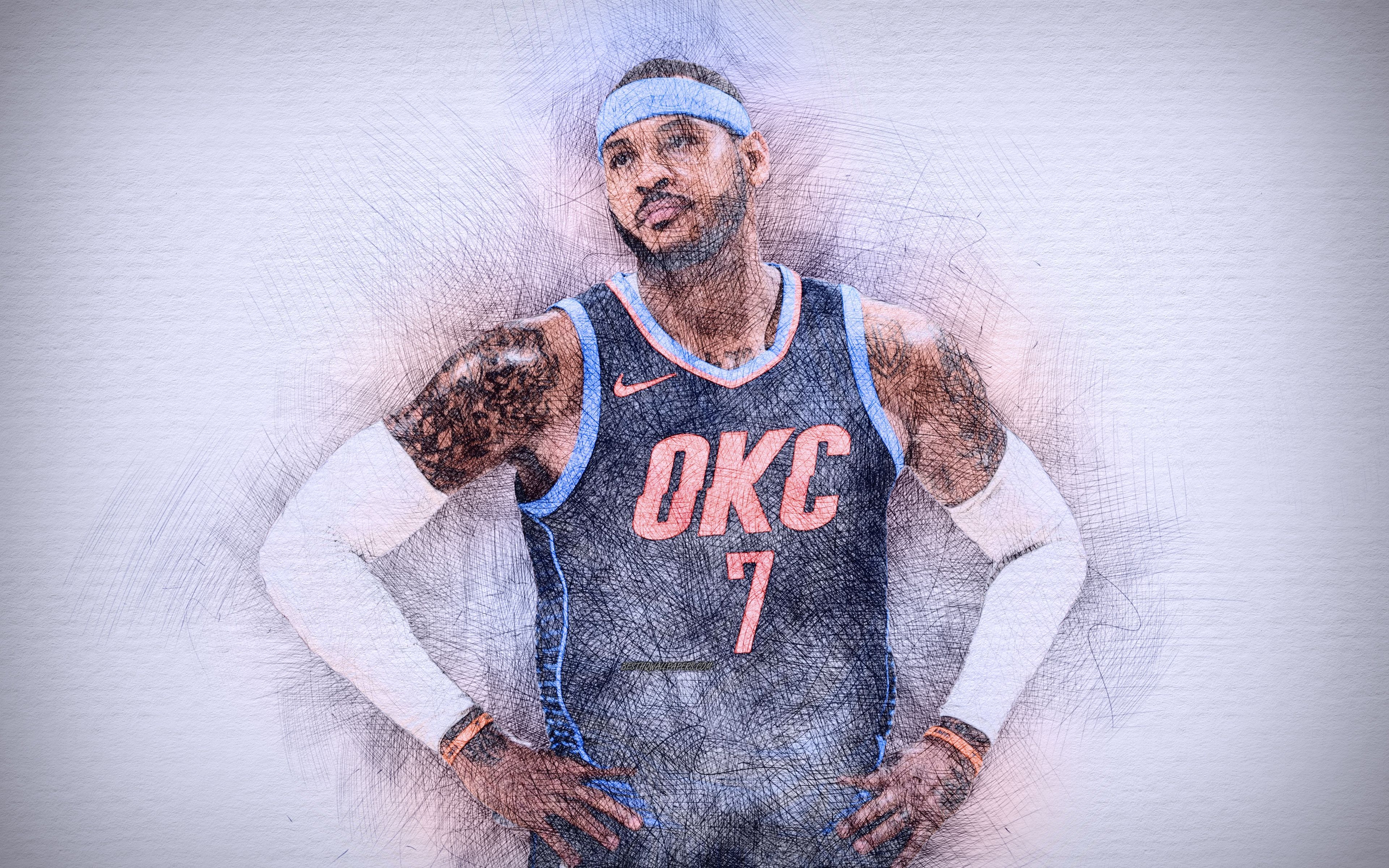 3840x2400 Download wallpaper Carmelo Anthony, 4k, artwork, basketball stars, Oklahoma City Thunder, NBA, basketball, OKC, drawing Carmelo Anthony for desktop with resolution. High Quality HD picture wallpaper, Desktop