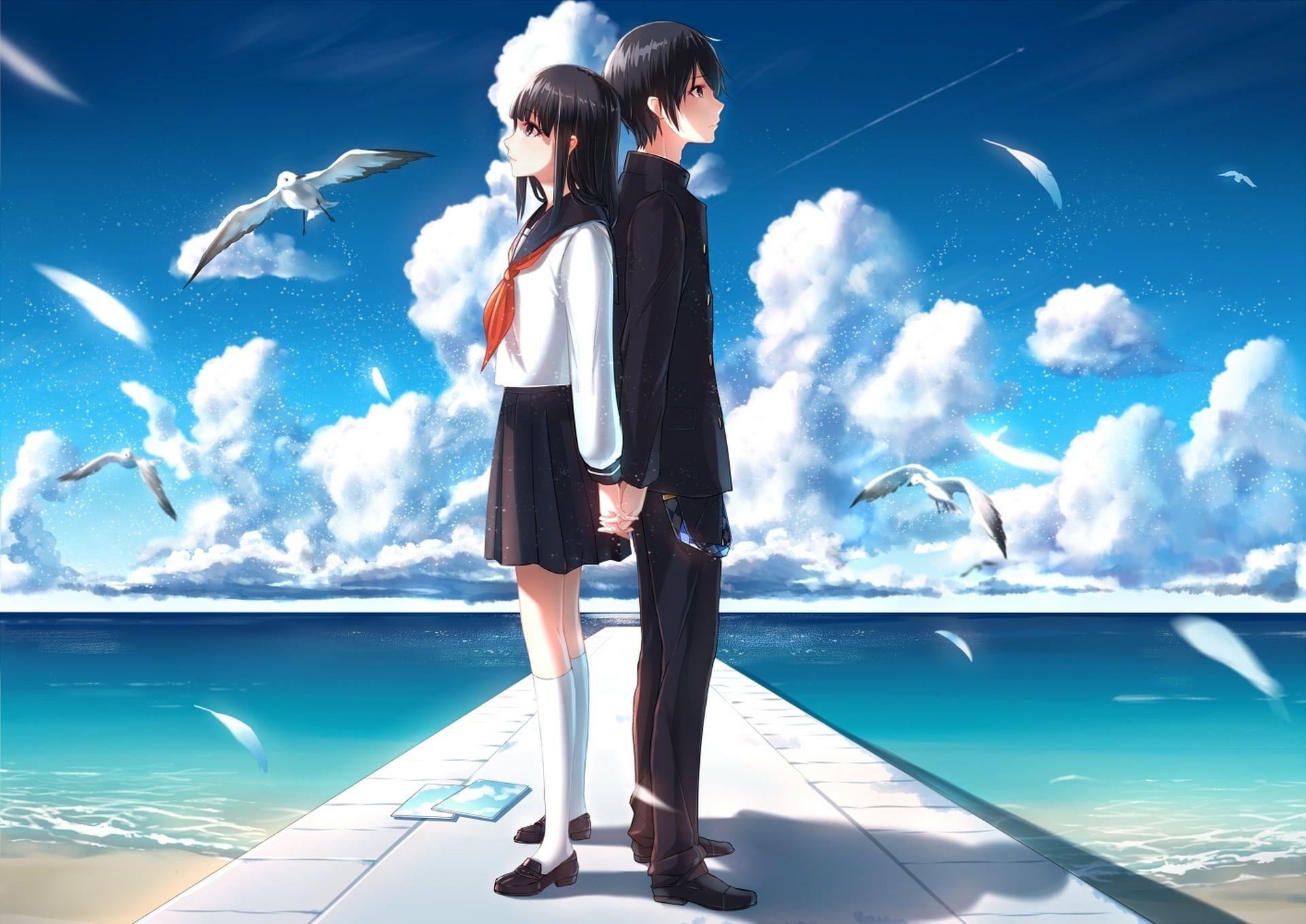 1920x1360 Two boy and girl anime characters on dock illustration HD wallpaper, Desktop