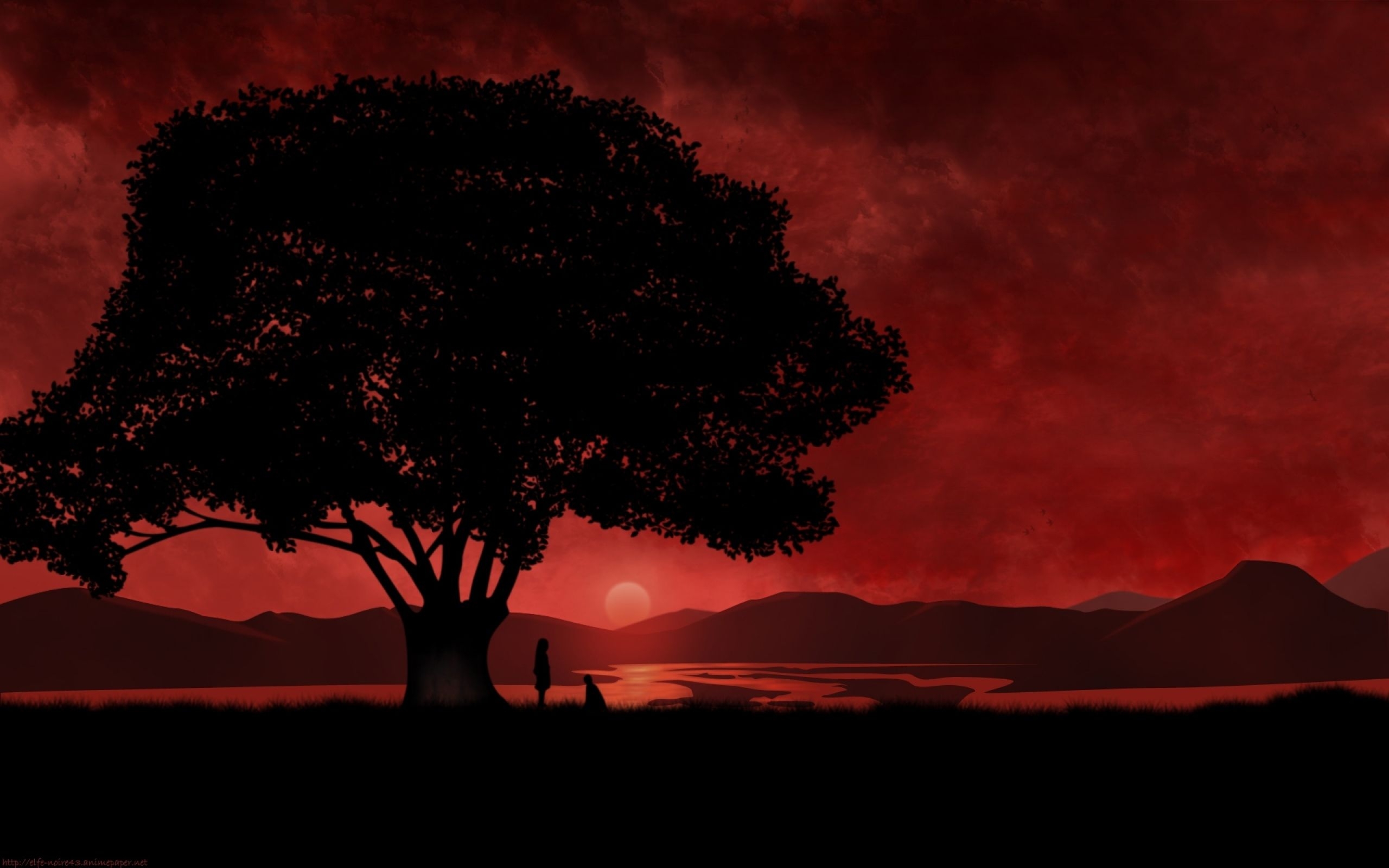 2560x1600 Anime Red Sunset & Tree YouTube Channel Cover, Desktop