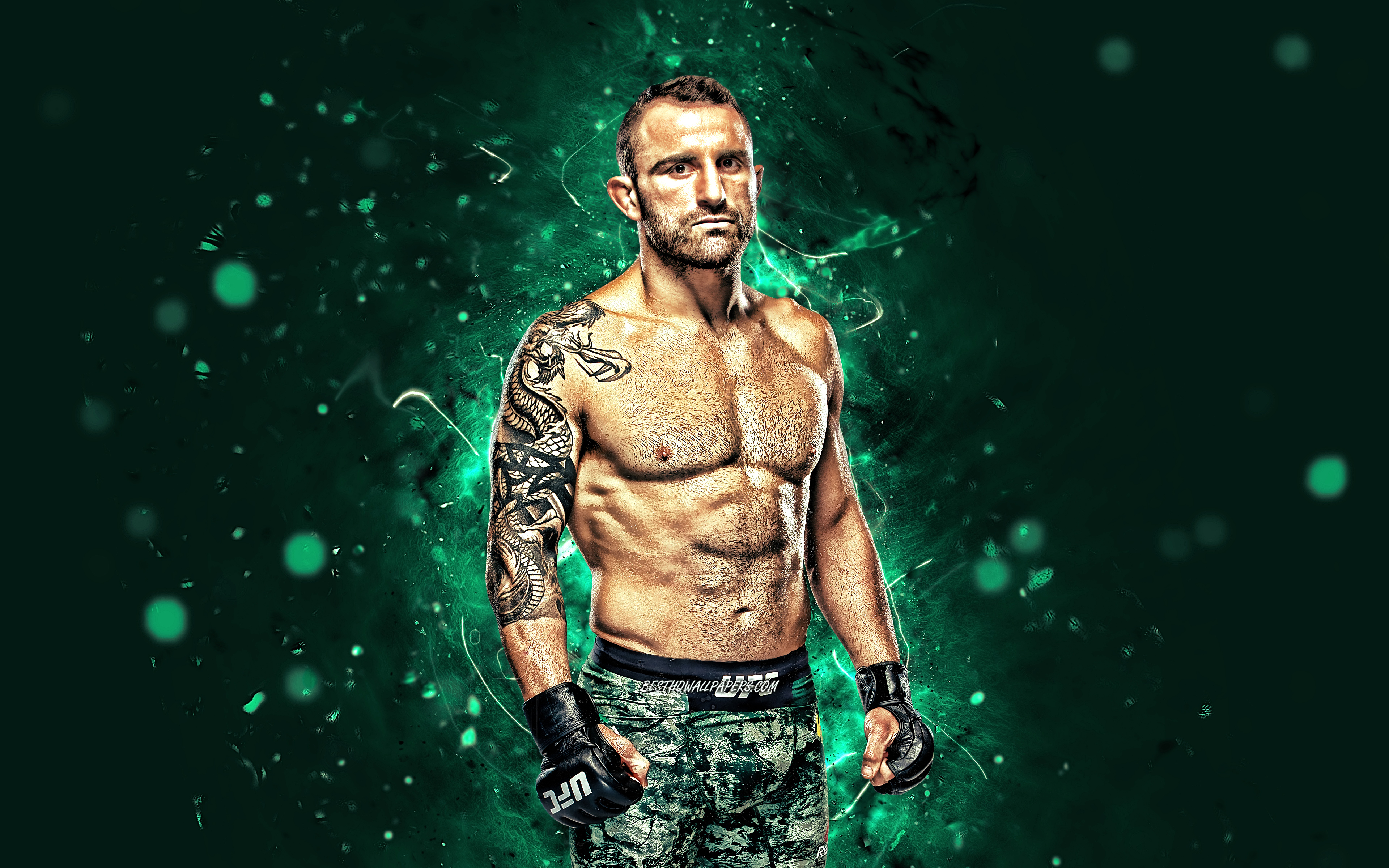 3840x2400 Download wallpaper Alexander Volkanovski, 4k, green neon lights, Australian fighters, MMA, UFC, Mixed martial arts, Alexander Volkanovski 4K, UFC fighters, MMA fighters for desktop with resolution. High Quality HD picture wallpaper, Desktop