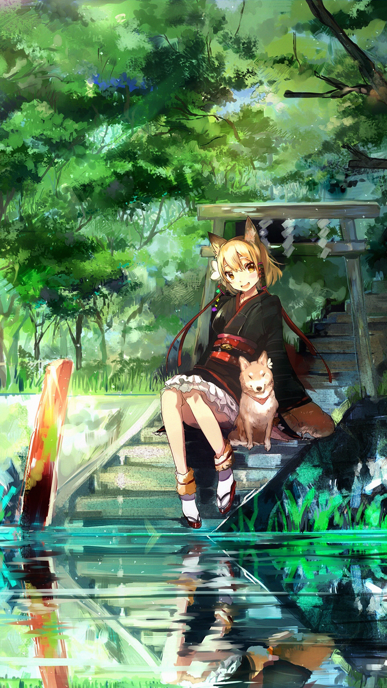 1250x2210 Girl And Dog Green Anime Art Illust Android wallpaper, Phone