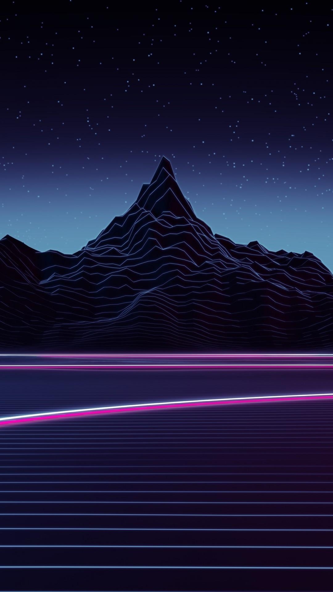 1080x1920 Download  Synthwave, Landscape, Neon Light, Mountain, Phone