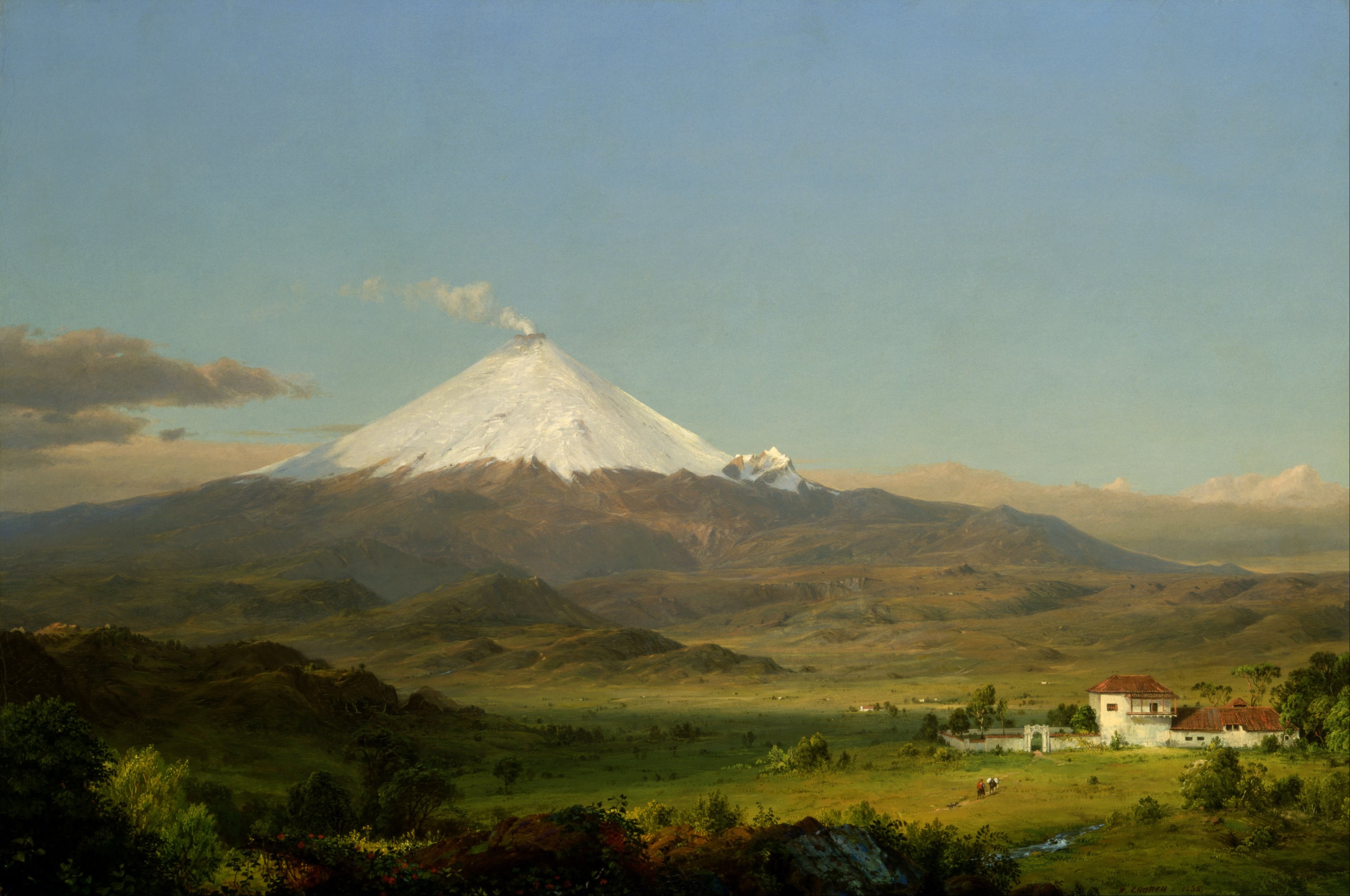 4010x2660 artwork classic art painting landscape nature trees mountains snowy peak frederic edwin church ecuador cotopaxi volcano house wallpaper, Desktop