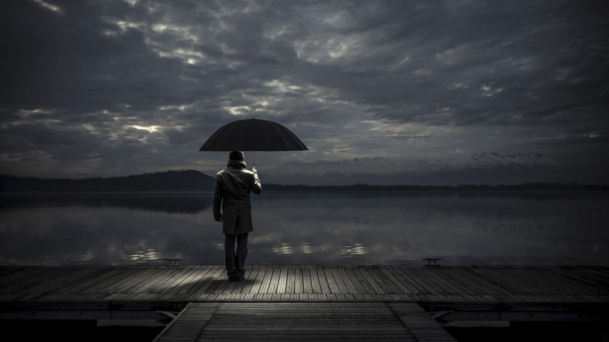 2050x1160 Download Alone man With Umbrella HD 4k Wallpaper In, Desktop