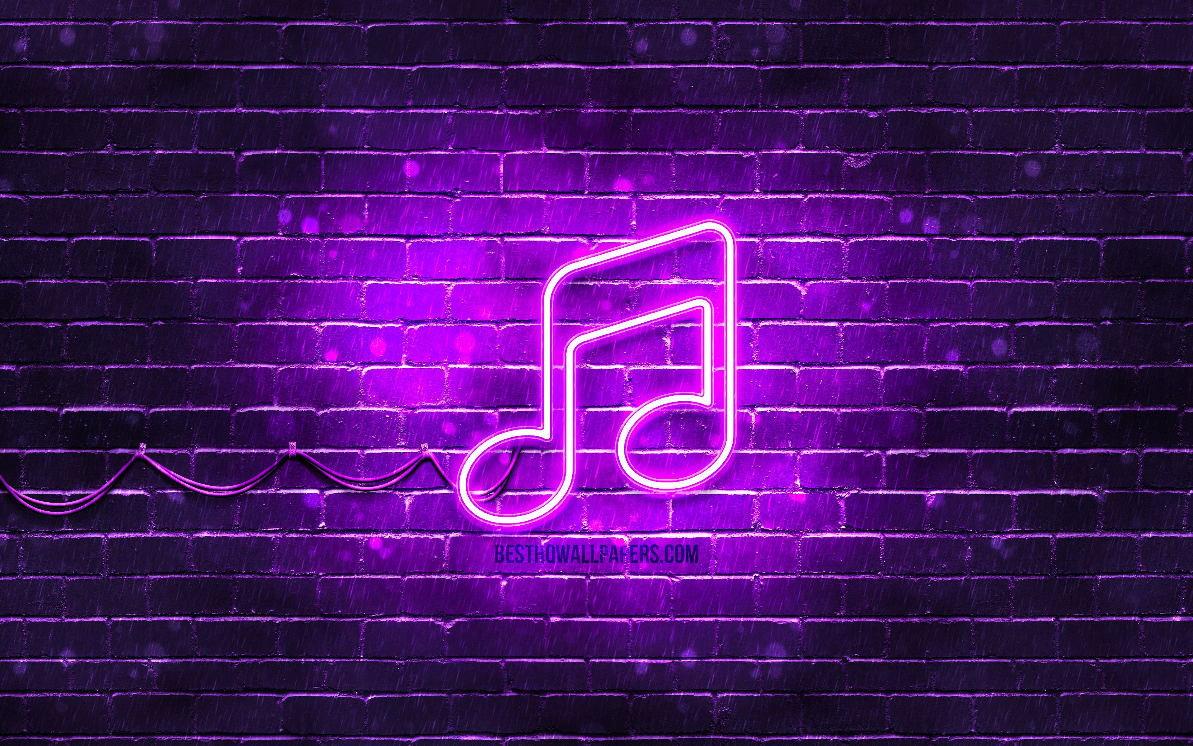 3840x2400 Download wallpaper Music neon icon, 4k, violet background, neon symbols, Music, creative, neon icons, Music sign, music signs, Music icon, music icons for desktop with resolution. High Quality HD picture wallpaper, Desktop