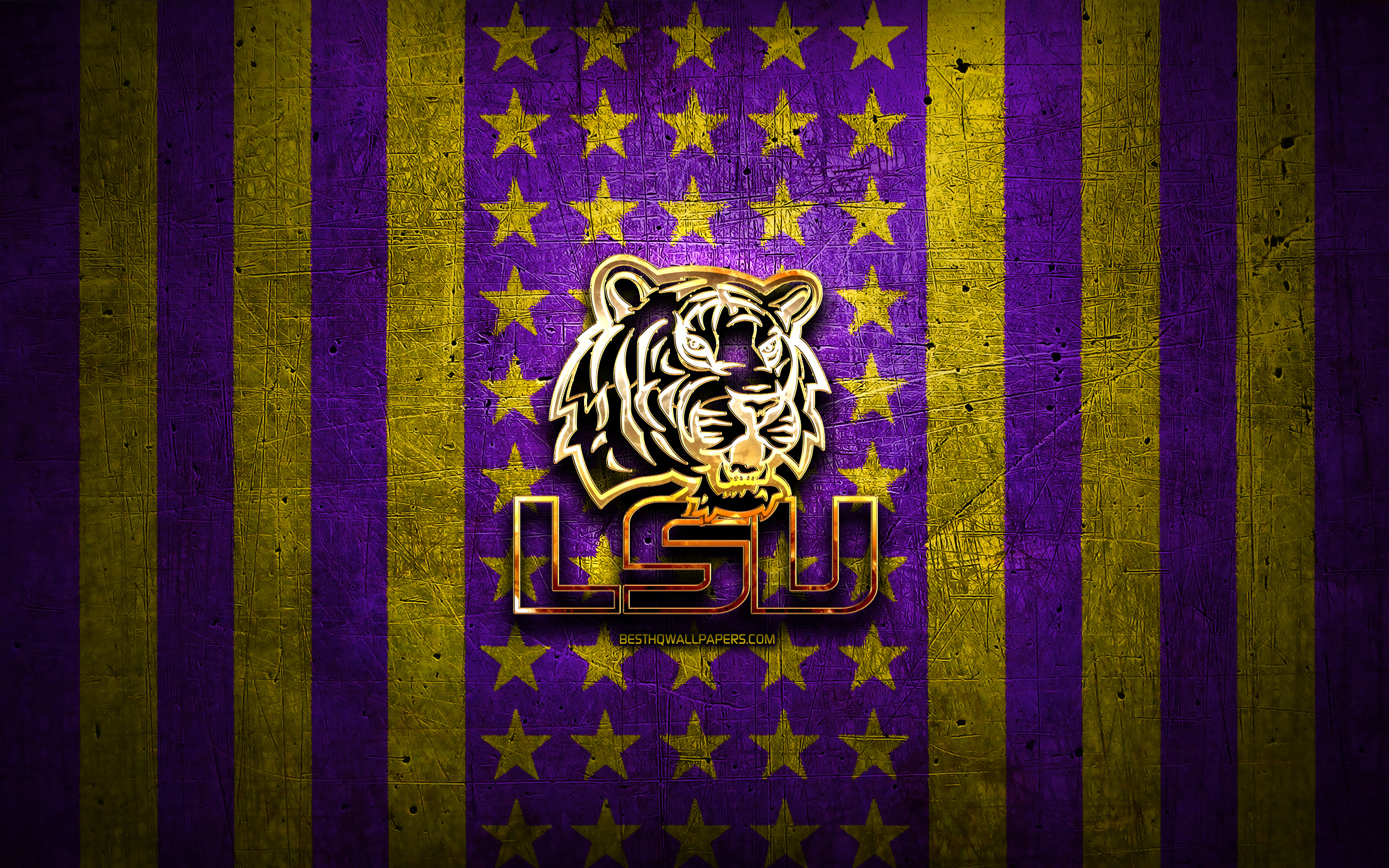 2880x1800 Download wallpaper LSU Tigers flag, NCAA, violet yellow metal background, american football team, LSU Tigers logo, USA, american football, golden logo, LSU Tigers for desktop with resolution. High Quality HD picture, Desktop