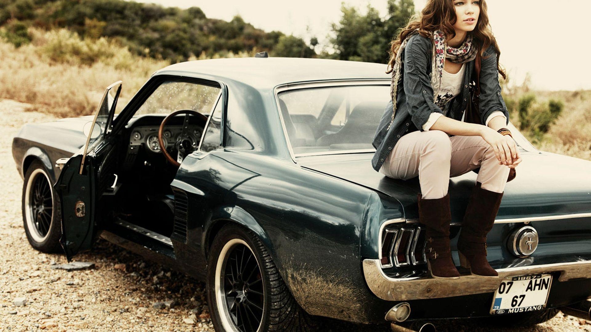 1920x1080 Girl Sitting on Ford Mustang 1967 widescreen wallpaper. Wide, Desktop