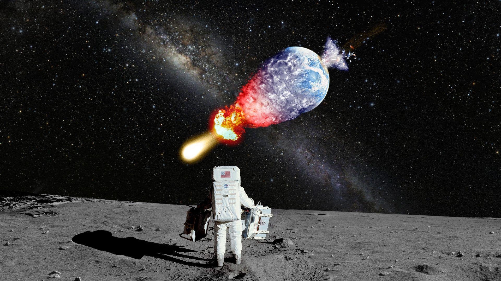 1920x1080 Astronaut NASA Moon Landing Moon Explosion Galaxy Milky Way Stars, Desktop