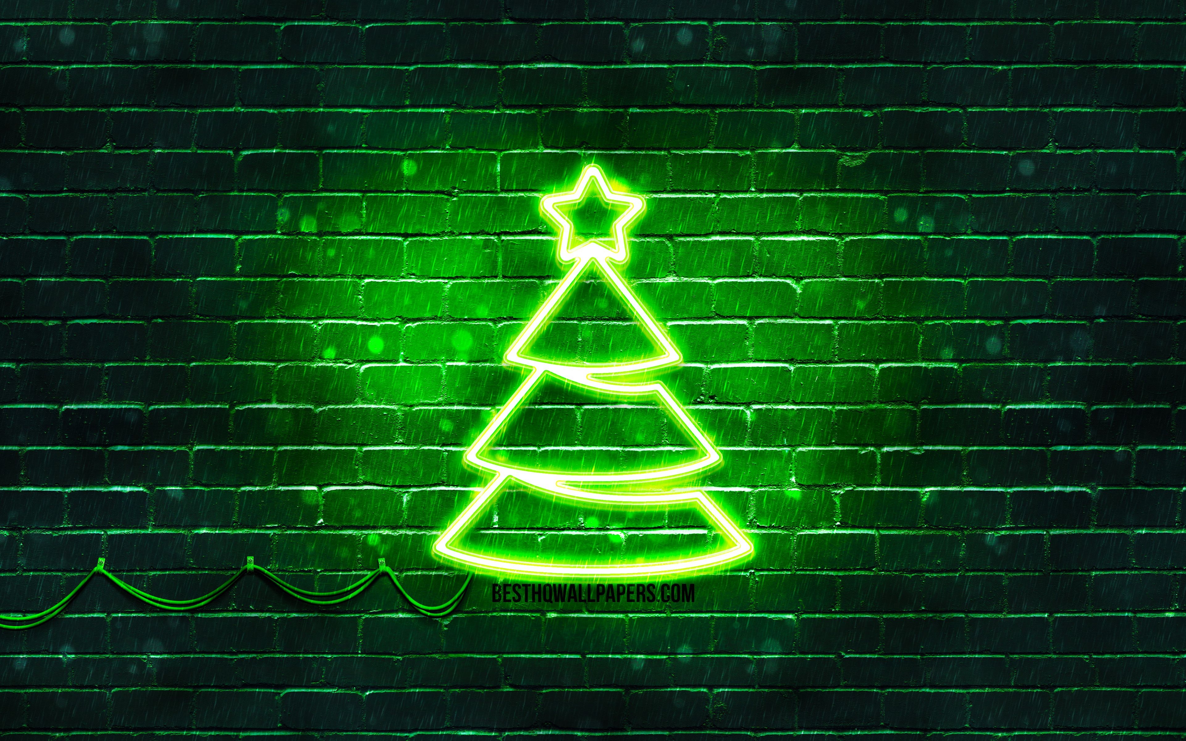 3840x2400 Download wallpaper Green neon Christmas Tree, 4k, Green brickwall, Happy New Years Concept, Green Christmas Tree, Xmas Trees, Christmas Trees for desktop with resolution. High Quality HD picture wallpaper, Desktop