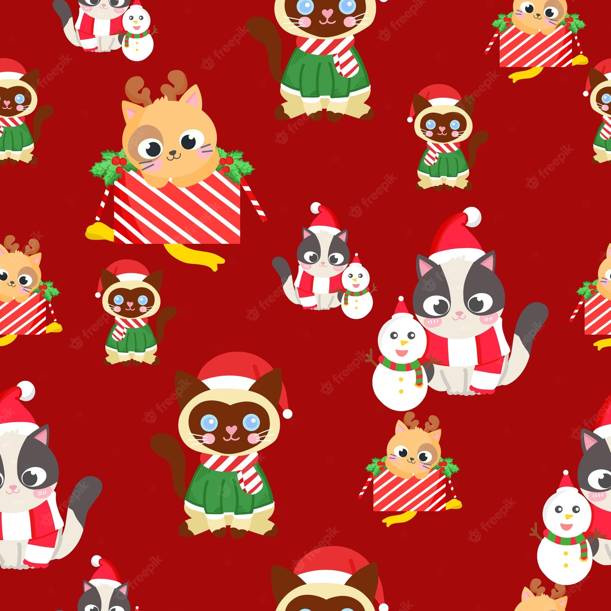 2000x2000 Premium Vector. Cute cat and kitty for christmas day seamless pattern wallpaper background, Phone