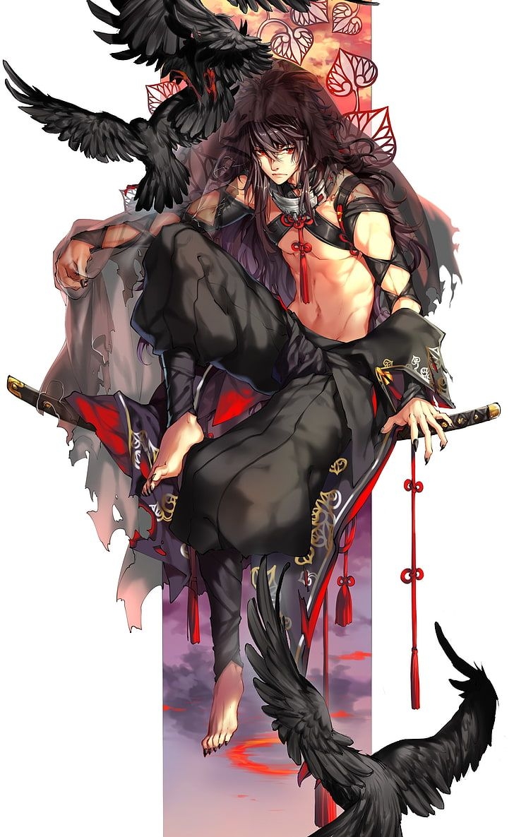 730x1190 HD wallpaper: anime boy, crows, katana, red eyes, sharp nails, Phone