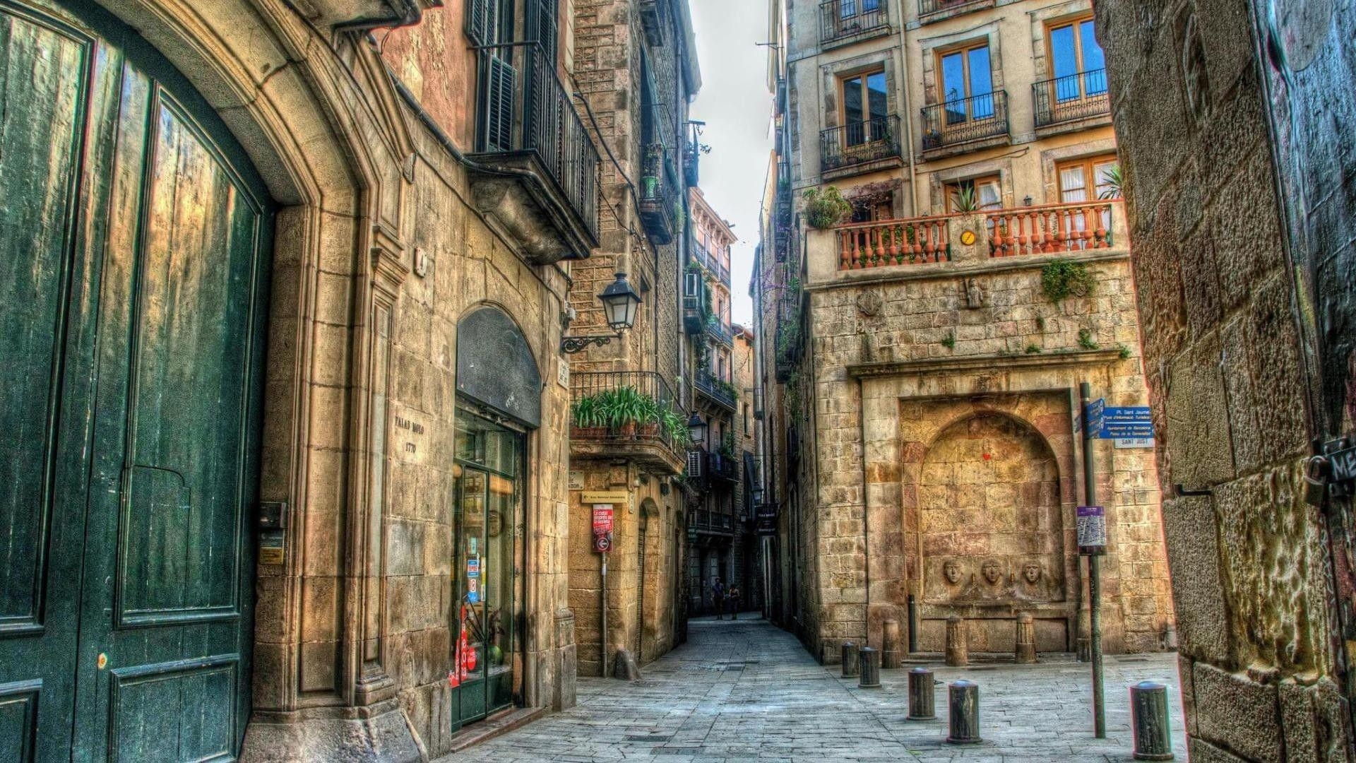 1920x1080 Other: Side Street Barcelona City Stones Doors Balconies Free, Desktop