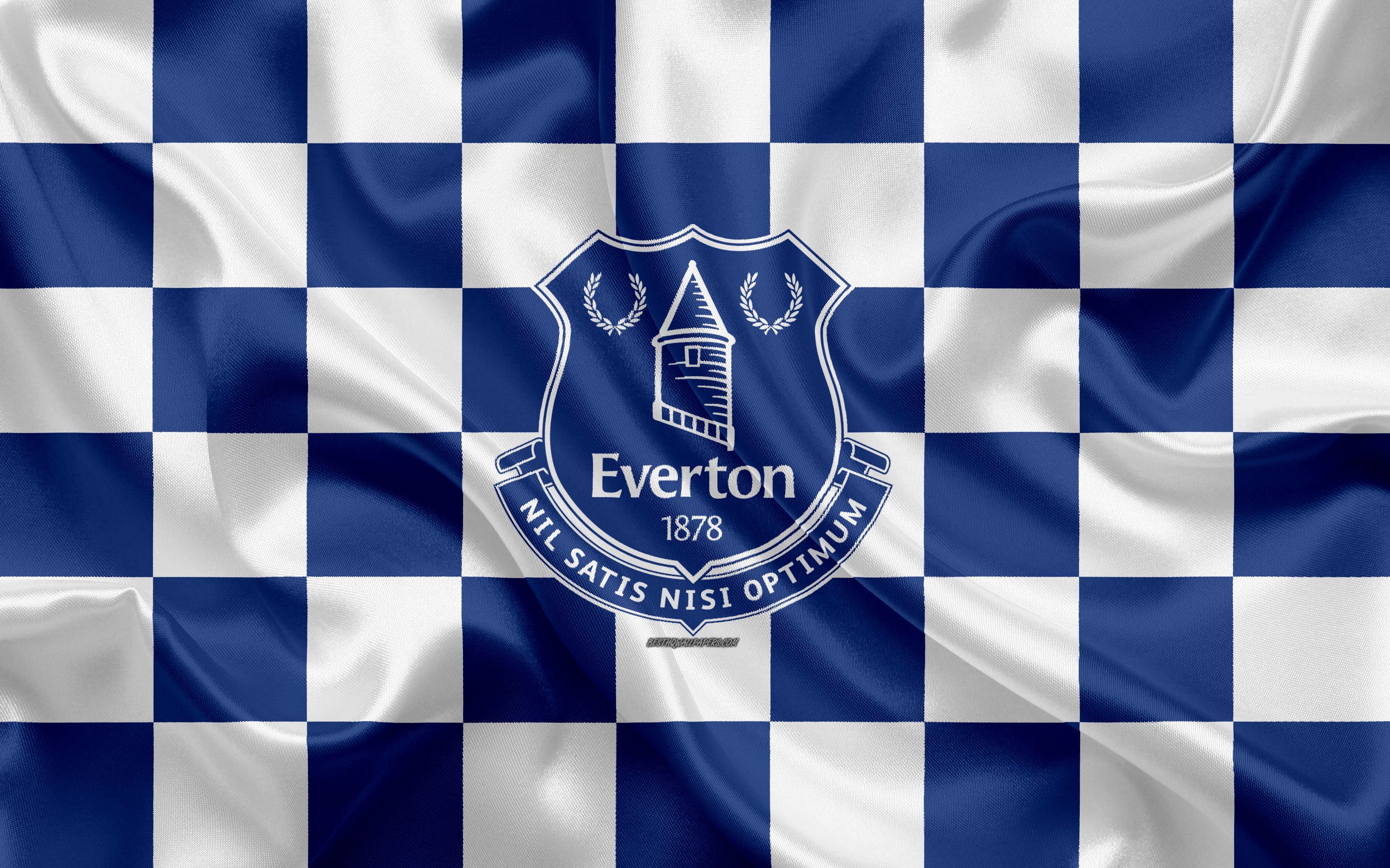 3840x2400 Download wallpaper Everton FC, 4k, logo, creative art, white blue checkered flag, English football club, Premier League, emblem, silk texture, Liverpool, United Kingdom, England for desktop with resolution. High Quality HD, Desktop