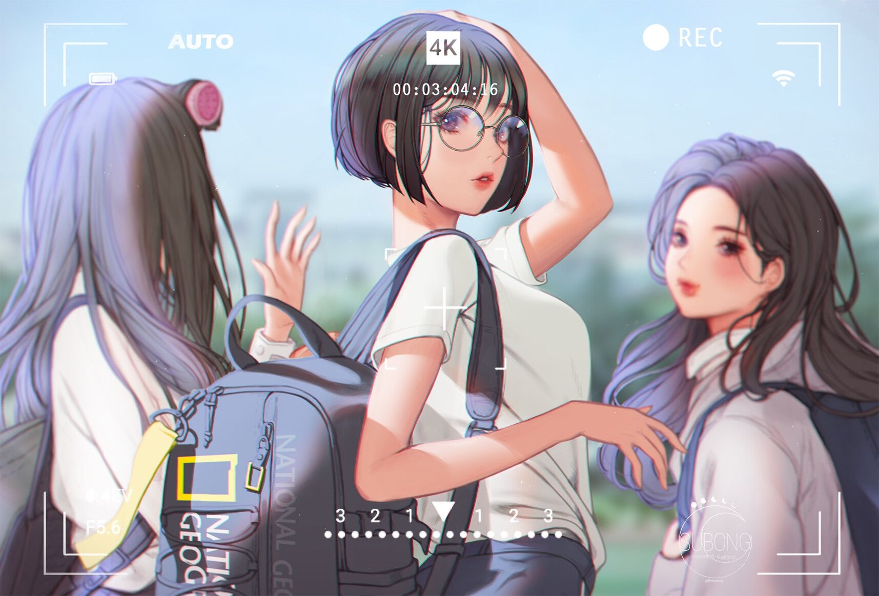 1720x1170 Wallpaper, anime girls, looking at viewer, women trio, dark hair, women with glasses, women outdoors, arms up, purple eyes, standing, Desktop