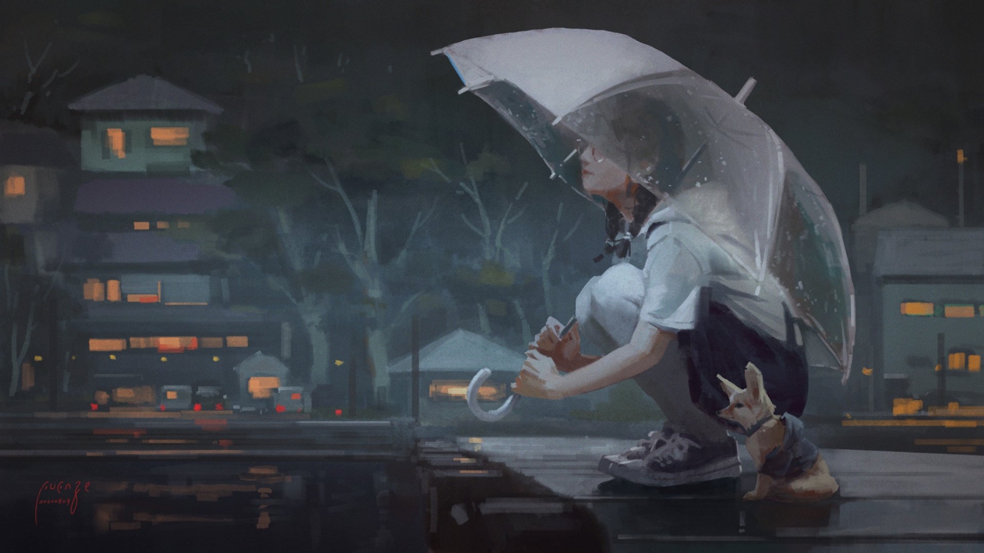 1920x1080 Wallpaper, dog, anime girls, umbrella, Desktop