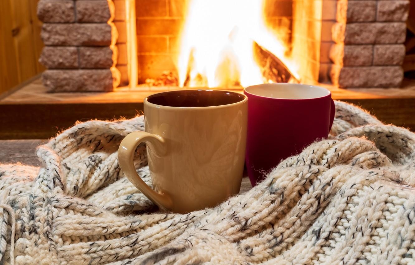 1340x850 Wallpaper winter, love, fire, scarf, pair, fireplace, love, Desktop