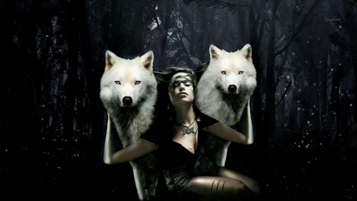 1250x700 Artistic Forest Girl Manipulation White Wolf Wolf Woman wallpaper, Desktop