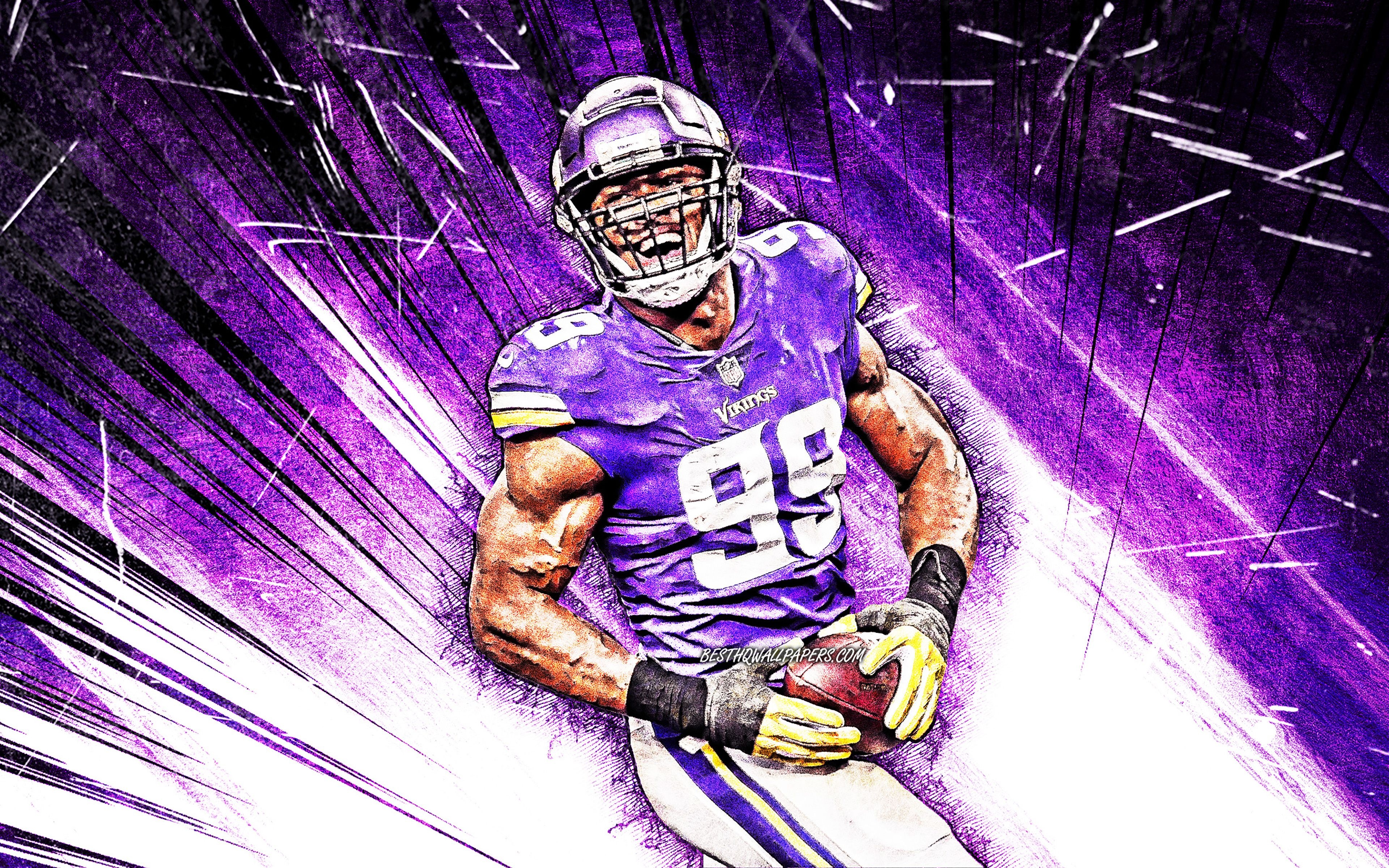 3840x2400 Download wallpaper 4k, Danielle Hunter, grunge art, defensive end, Minnesota Vikings, american football, NFL, National Football League, violet abstract rays, Danielle Hunter Minnesota Vikings, Danielle Hunter 4K for desktop with resolution, Desktop