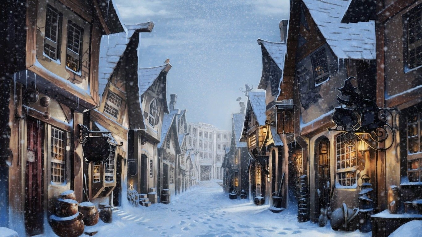 1370x770 Download  Diagon Alley, Harry Potter, Snow, Artwork, Desktop