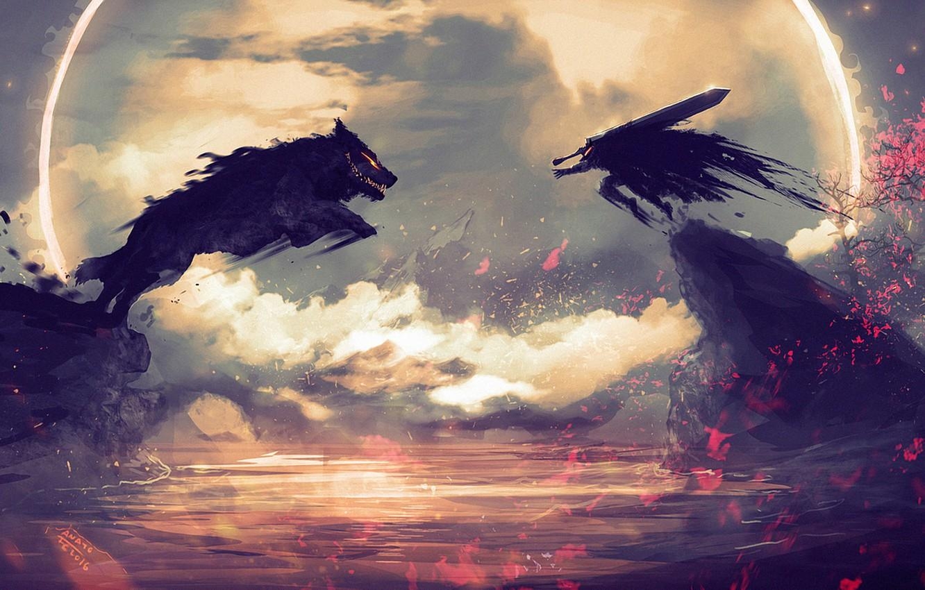 1340x850 Wallpaper sword, anime, art, wolf, Berserk, rage, Guts, Desktop