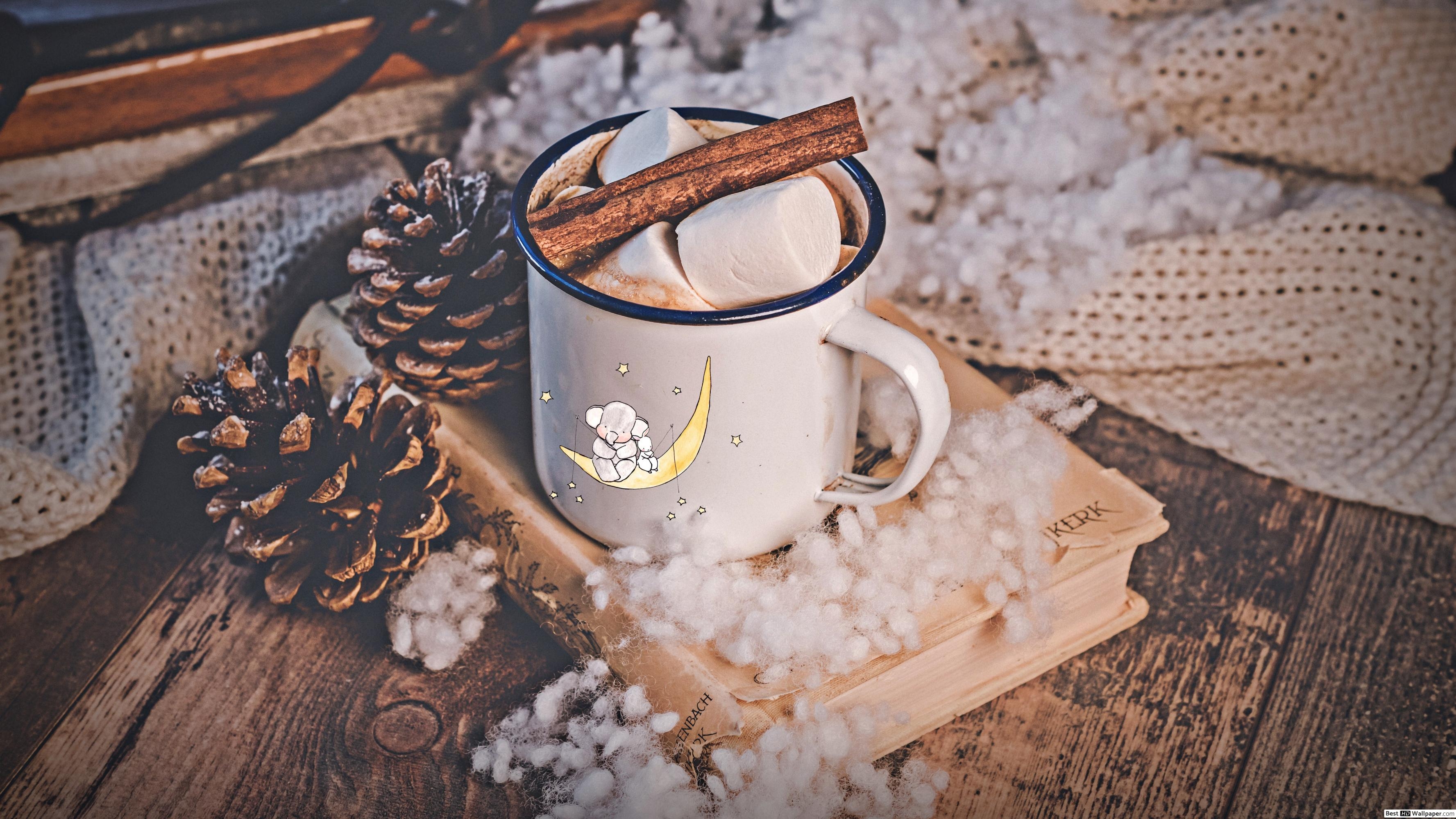 3560x2000 Warm hot Choco with cinnamon and Marshmallow in a white cup aesthetic wallpaper HD wallpaper download, Desktop