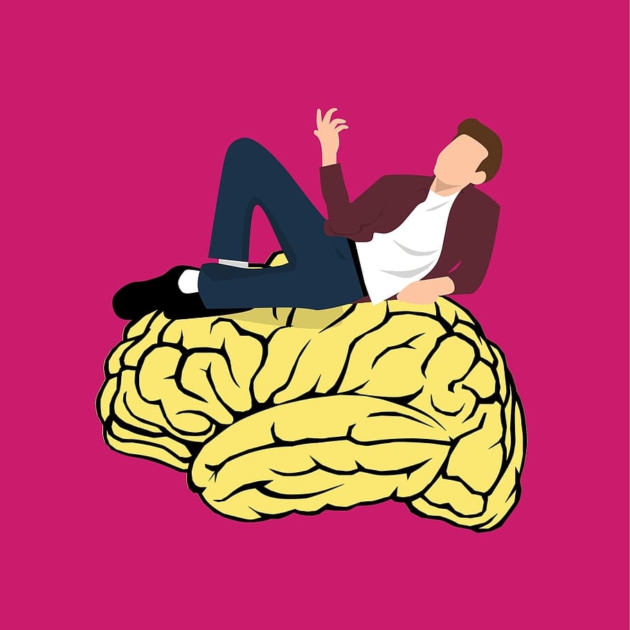 910x910 HD wallpaper: Man perched on illustration of human brain, thinking, Phone