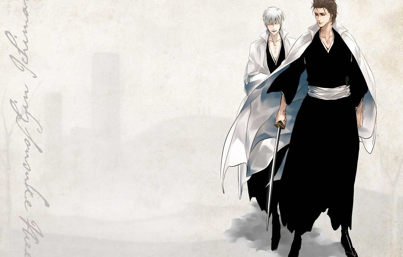 1340x850 Wallpaper katana, grey background, Bleach, Bleach, Japanese clothing, Shinigami, shinigami, Gin Ichimaru, Aizen Sousuke, by Tite Kubo image for desktop, section сёнэн, Desktop