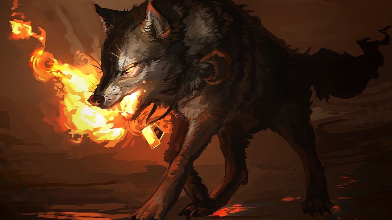 1370x770 Fire Cool Wolf Background, Desktop